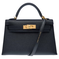 Exquisite Hermès Mini Kelly 20 handbag strap in Black Epsom Calf leather , GHW
