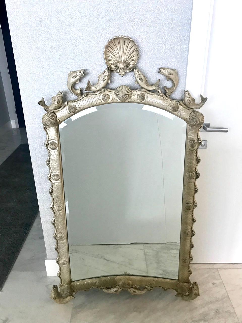 American Exquisite Hollywood Regency Scalloped Mirror in Antique Sterling Silver Leaf