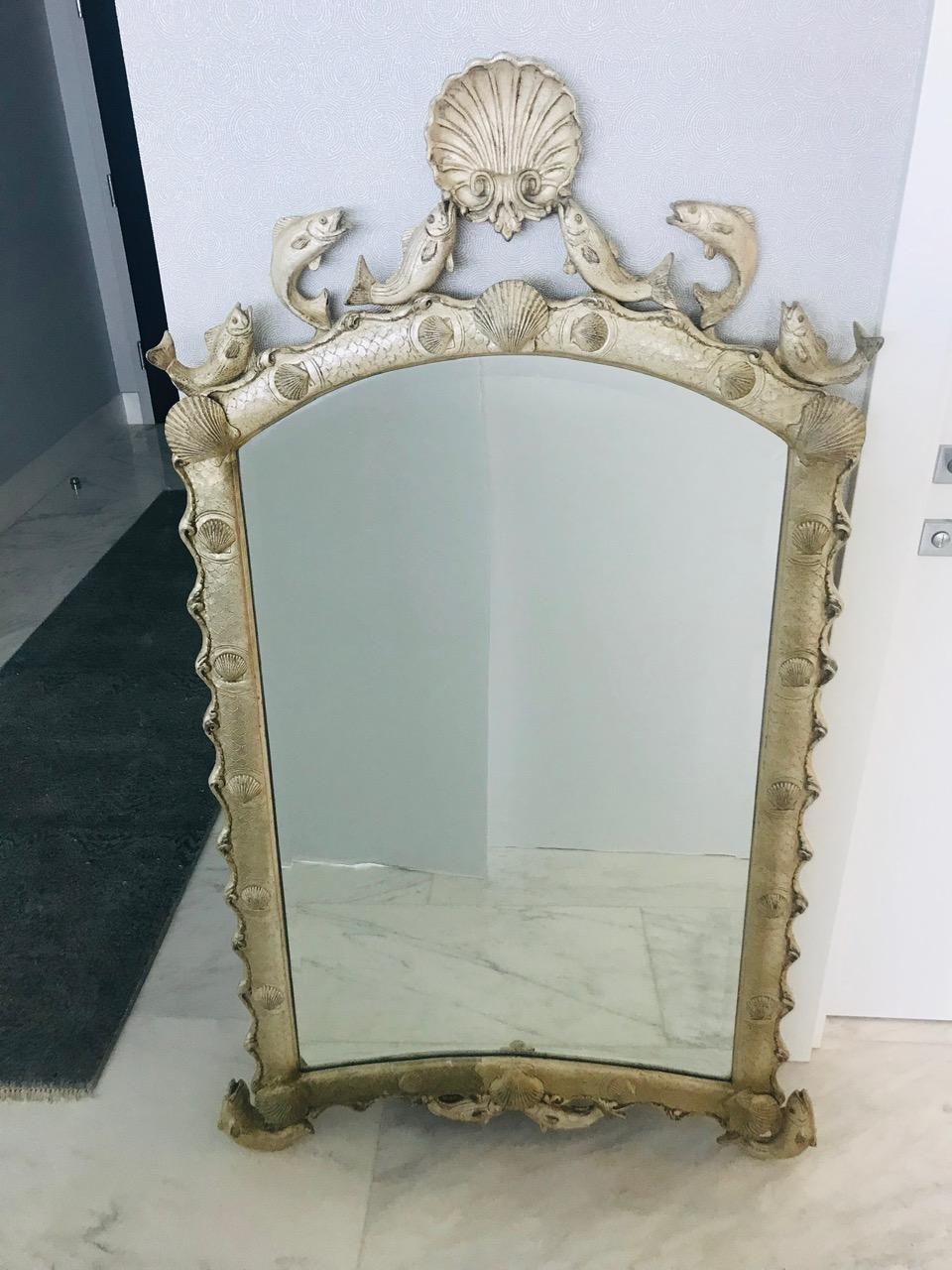 Exquisite Hollywood Regency Scalloped Mirror in Antique Sterling Silver Leaf In Good Condition In Fort Lauderdale, FL