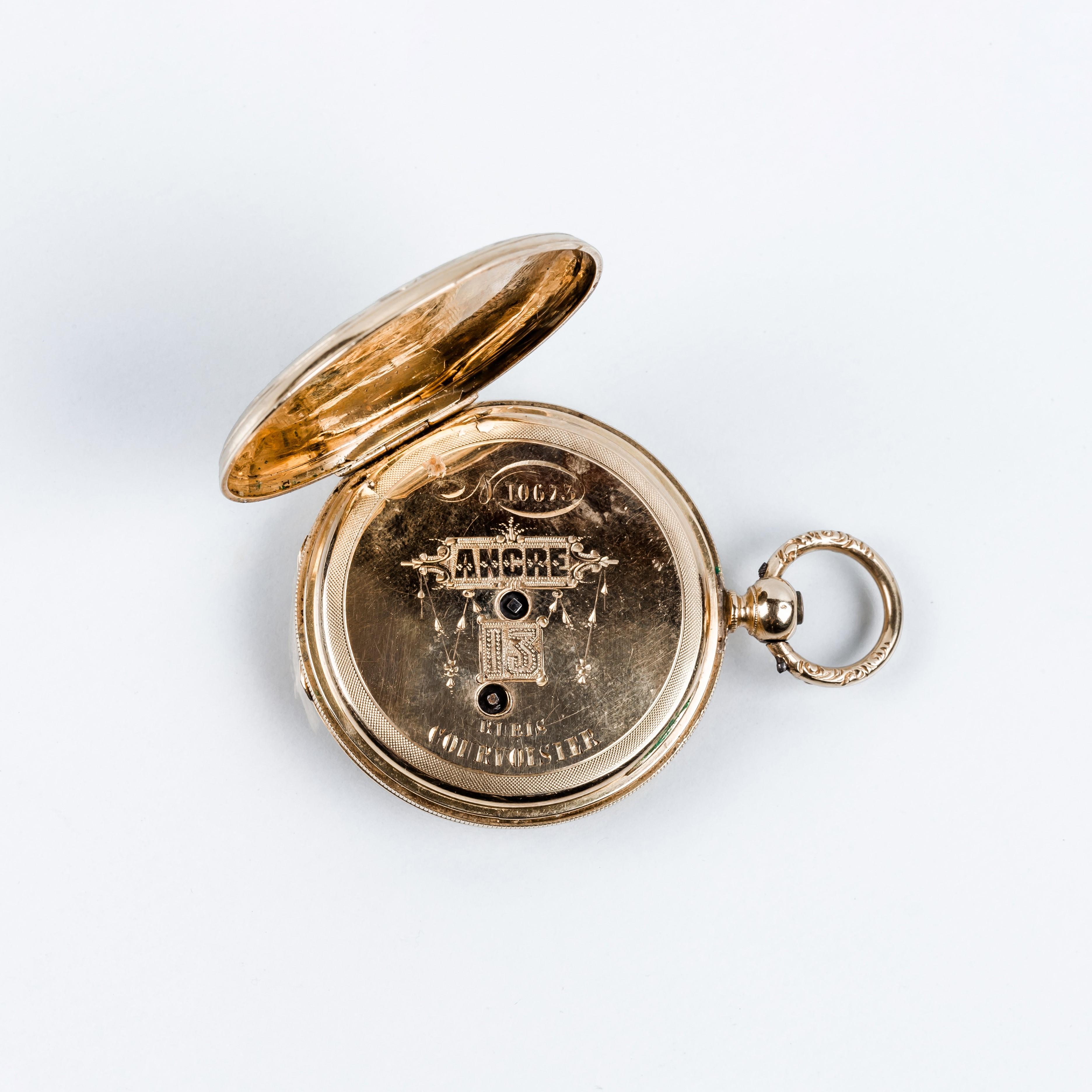 Perle Montre Courvoisier exquise en or à gousset suisse Hunter-Case, 1870 en vente
