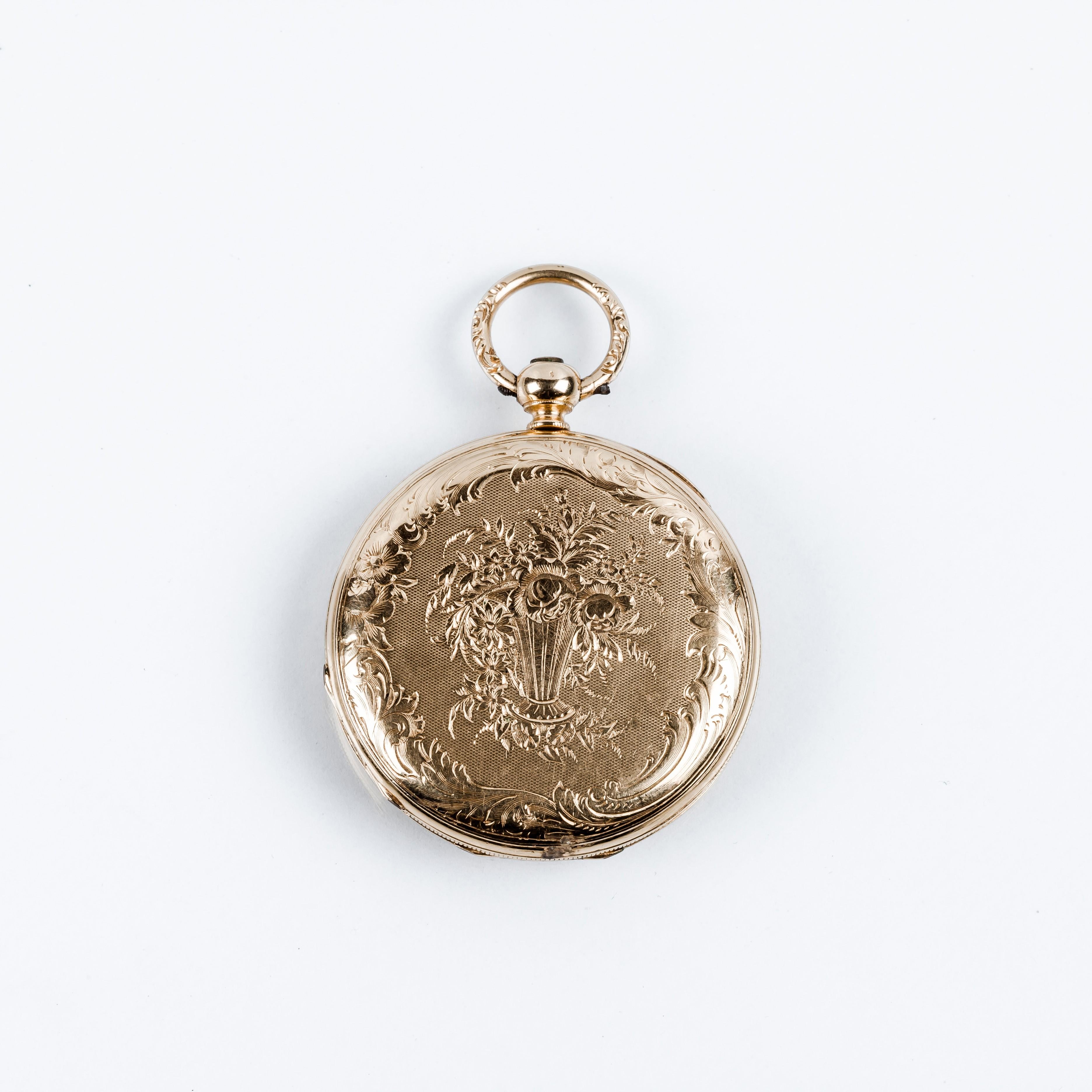 Exquisite Schweizer Taschenuhr Courvoisier aus Gold mit Jägerschliff, 1870 im Zustand „Hervorragend“ im Angebot in Bilbao, ES