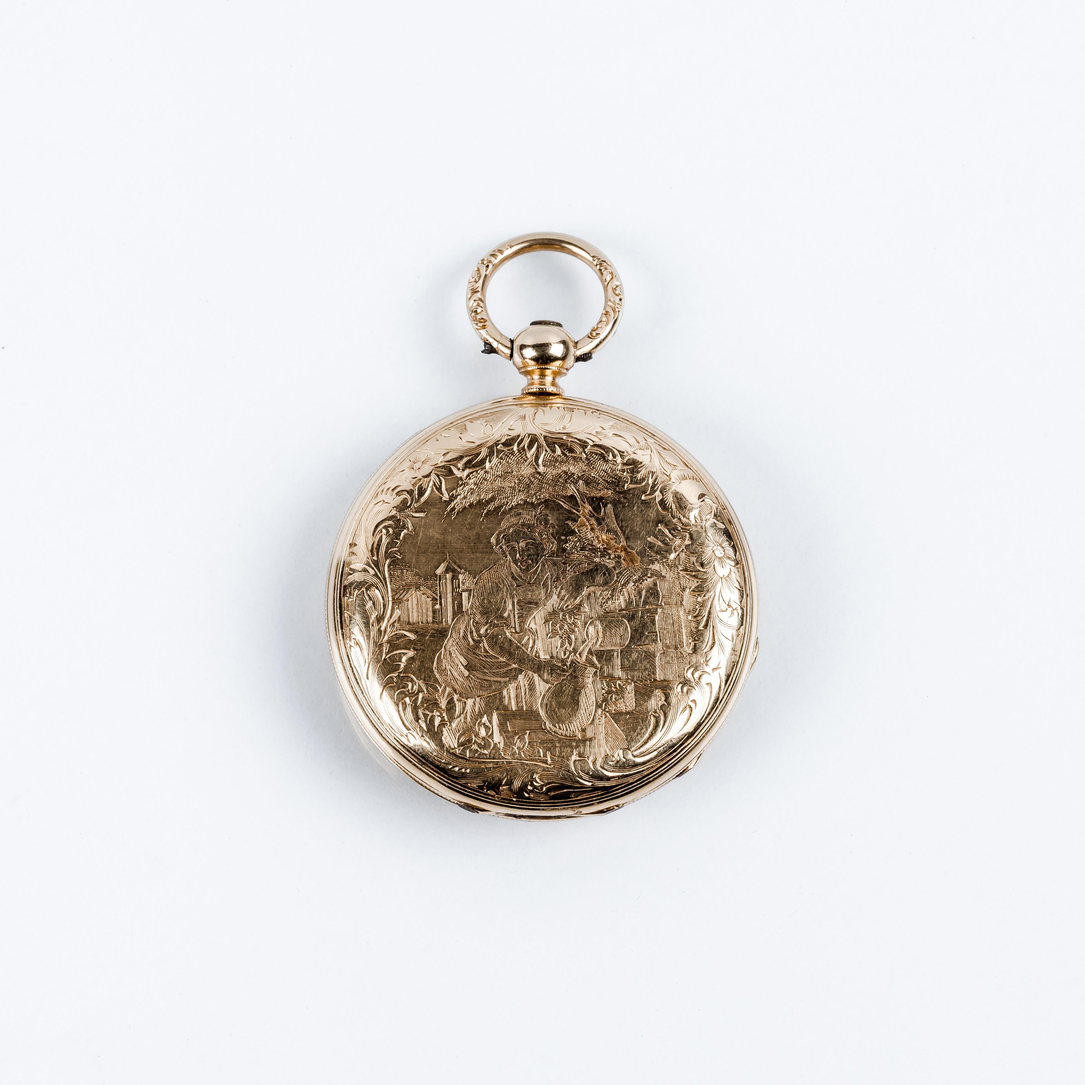 Montre Courvoisier exquise en or à gousset suisse Hunter-Case, 1870 Unisexe en vente
