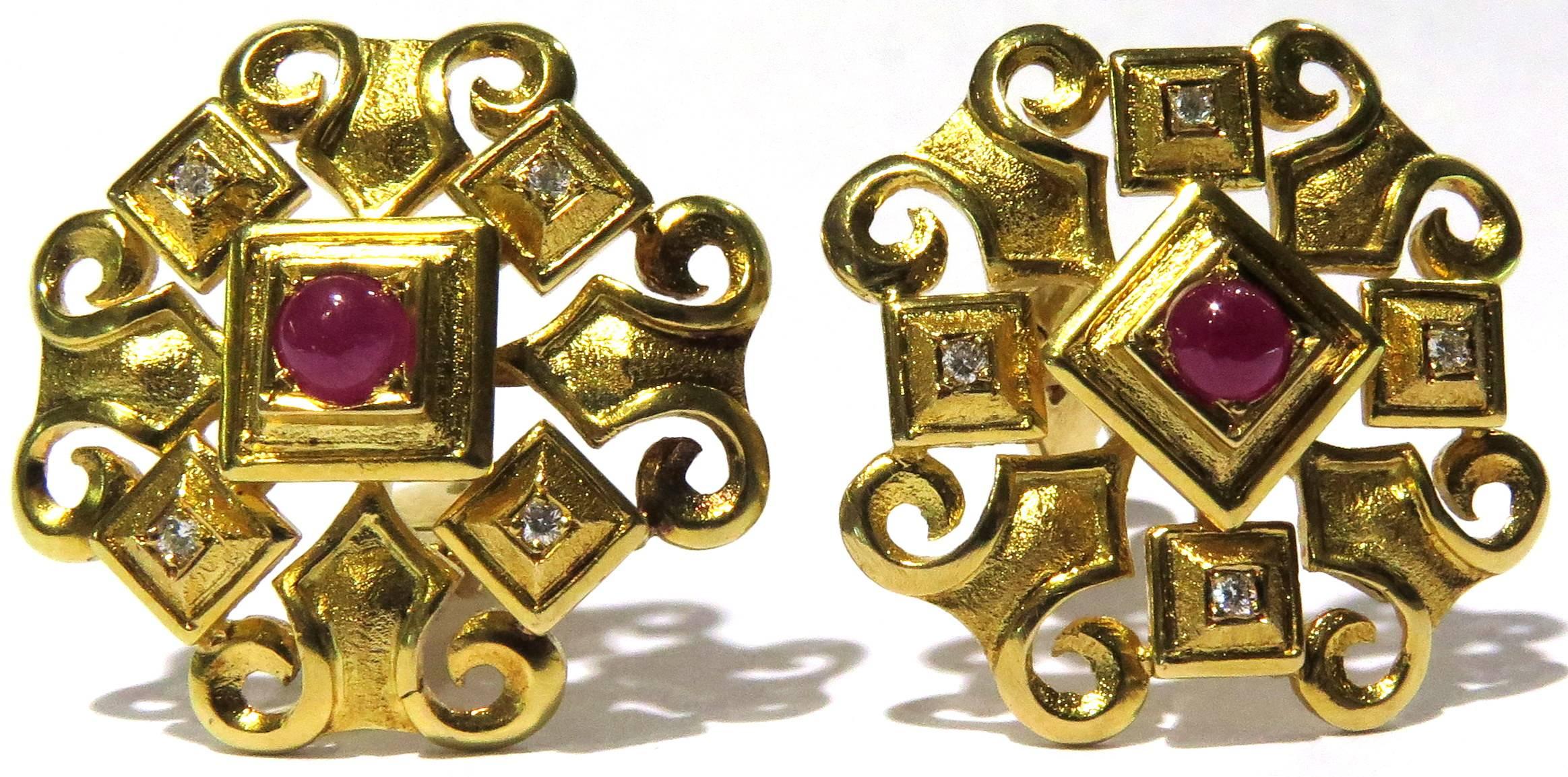 Exquisite Ilias Lalaounis Ruby Diamond Timeless Byzantine Gold Clip-On Earrings In Excellent Condition In Palm Beach, FL