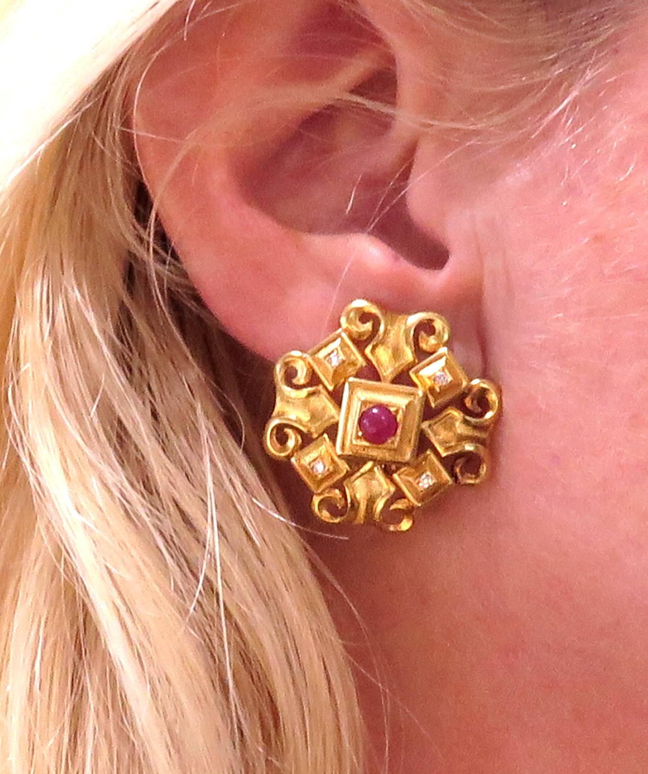 Exquisite Ilias Lalaounis Ruby Diamond Timeless Byzantine Gold Clip-On Earrings 5