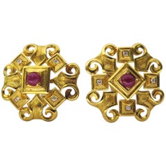 Exquisite Ilias Lalaounis Ruby Diamond Timeless Byzantine Gold Clip-On Earrings