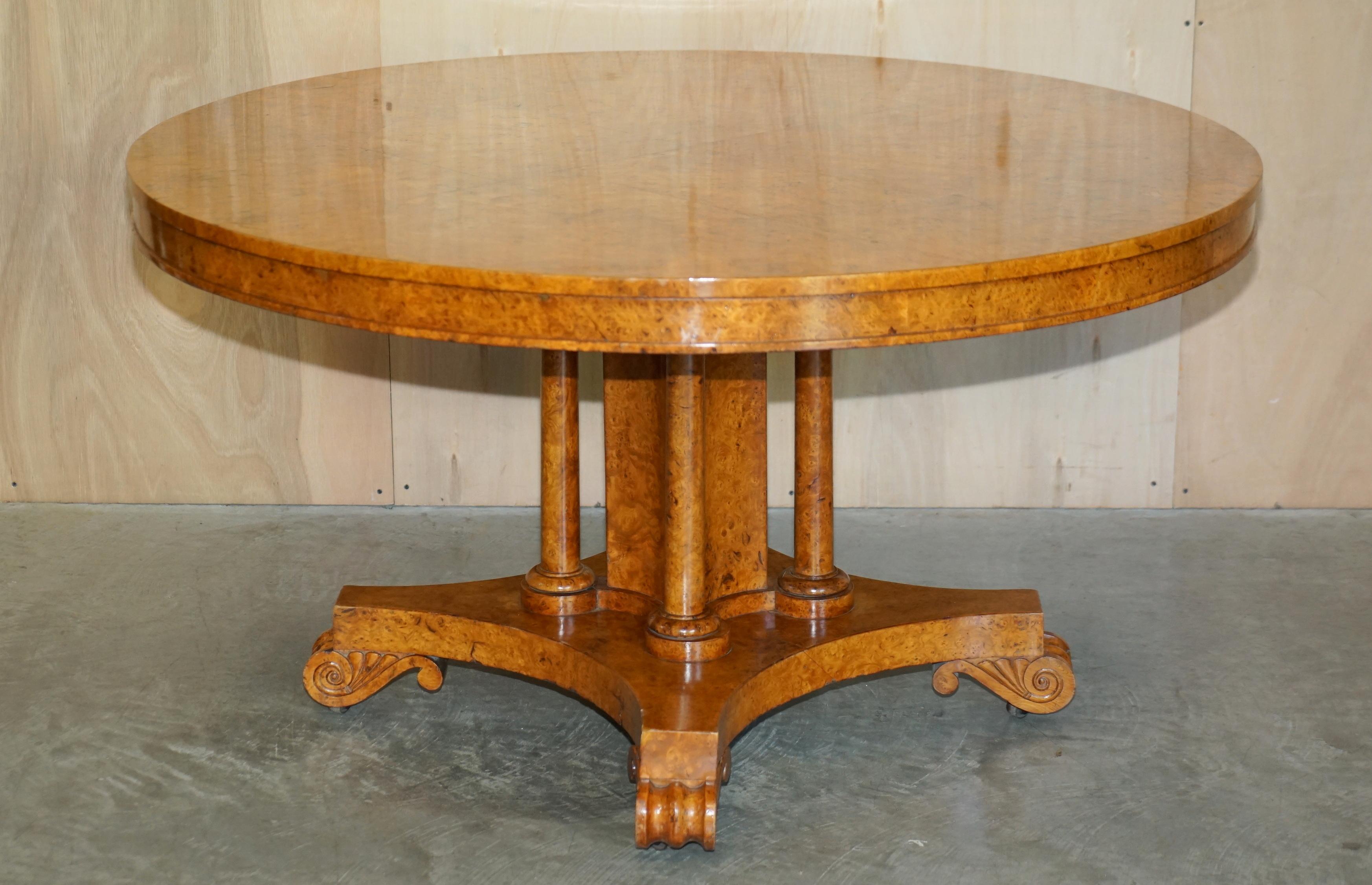 We are delighted to offer for sale this exquisite Victorian Burr Walnut tilt top dining table with sublime pedestal column base

A good looking and well made table, ideally suited as a four person dining table or as a large occasional / centre