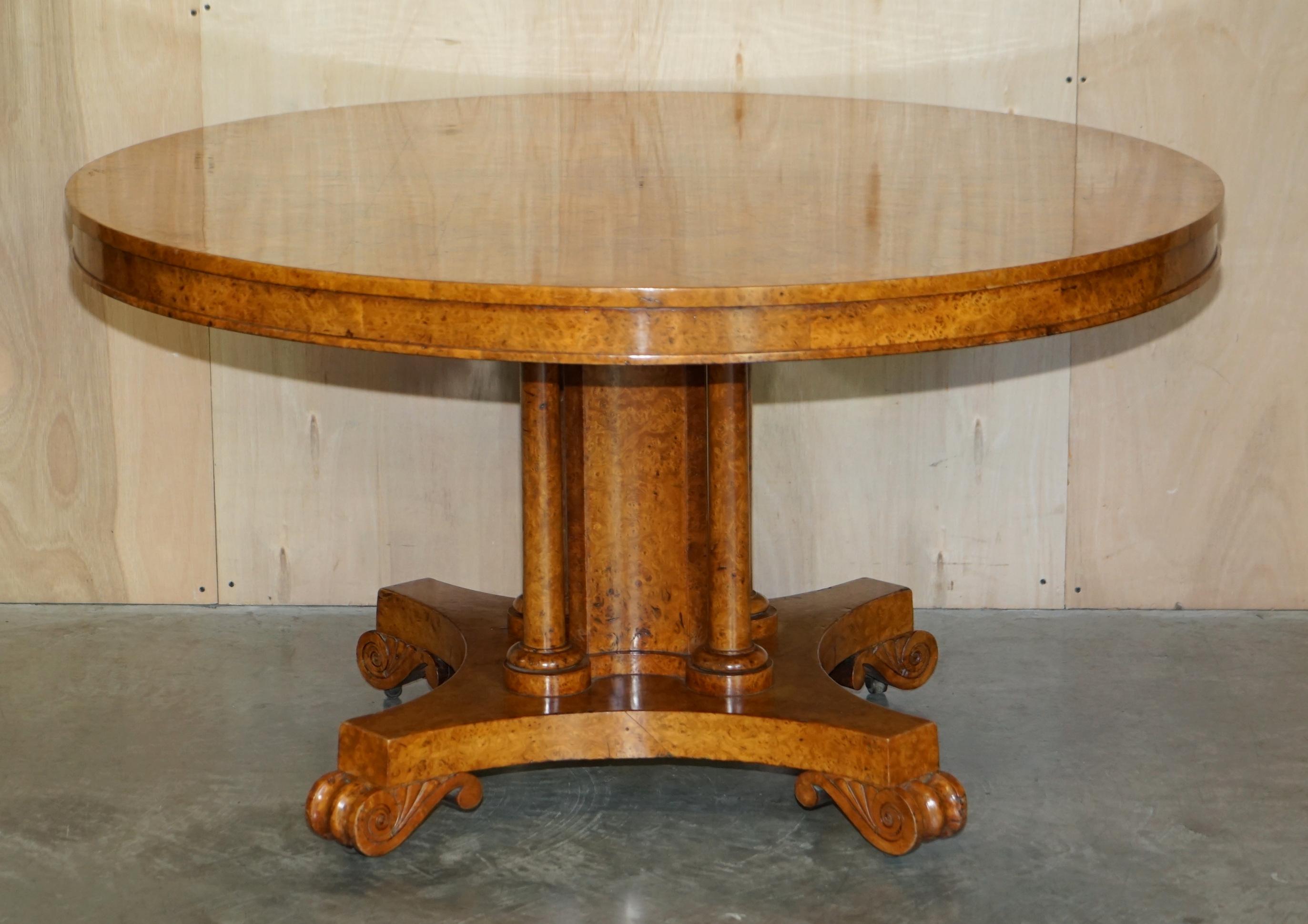 Victorian Exquisite Important Burr Walnut Tilt Top Dining Occasional Table Stunning Base For Sale
