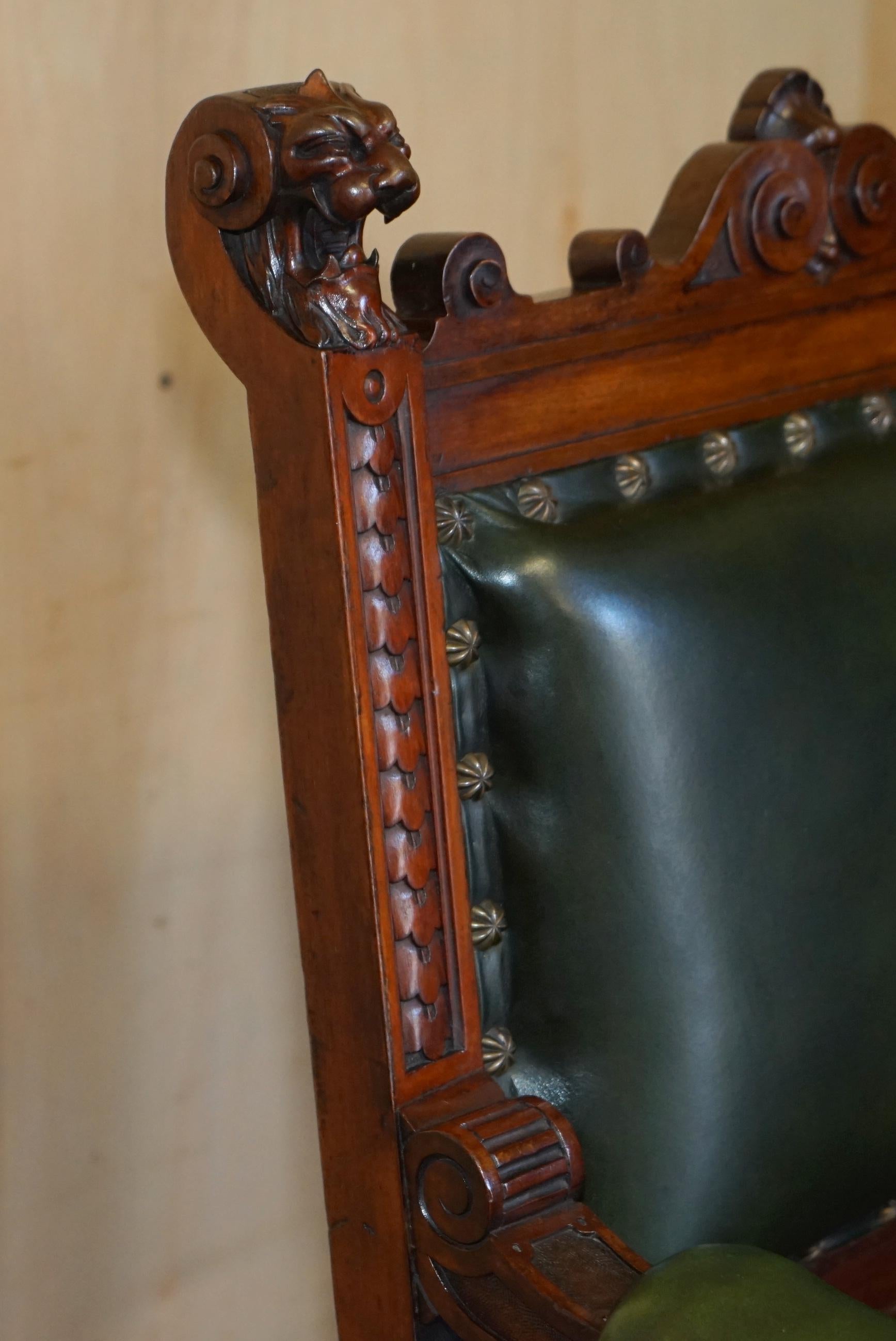 High Victorian EXQUISITE IMPORTANT ENGLISH CIRCA 1880 HAND CARVED GREEN LEATHER THRONE ARMCHAiR For Sale