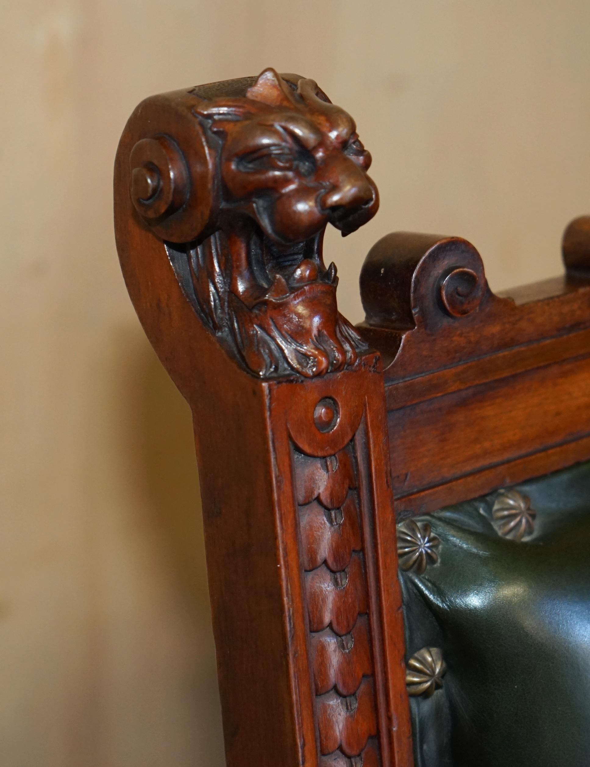 English EXQUISITE IMPORTANT ENGLISH CIRCA 1880 HAND CARVED GREEN LEATHER THRONE ARMCHAiR For Sale