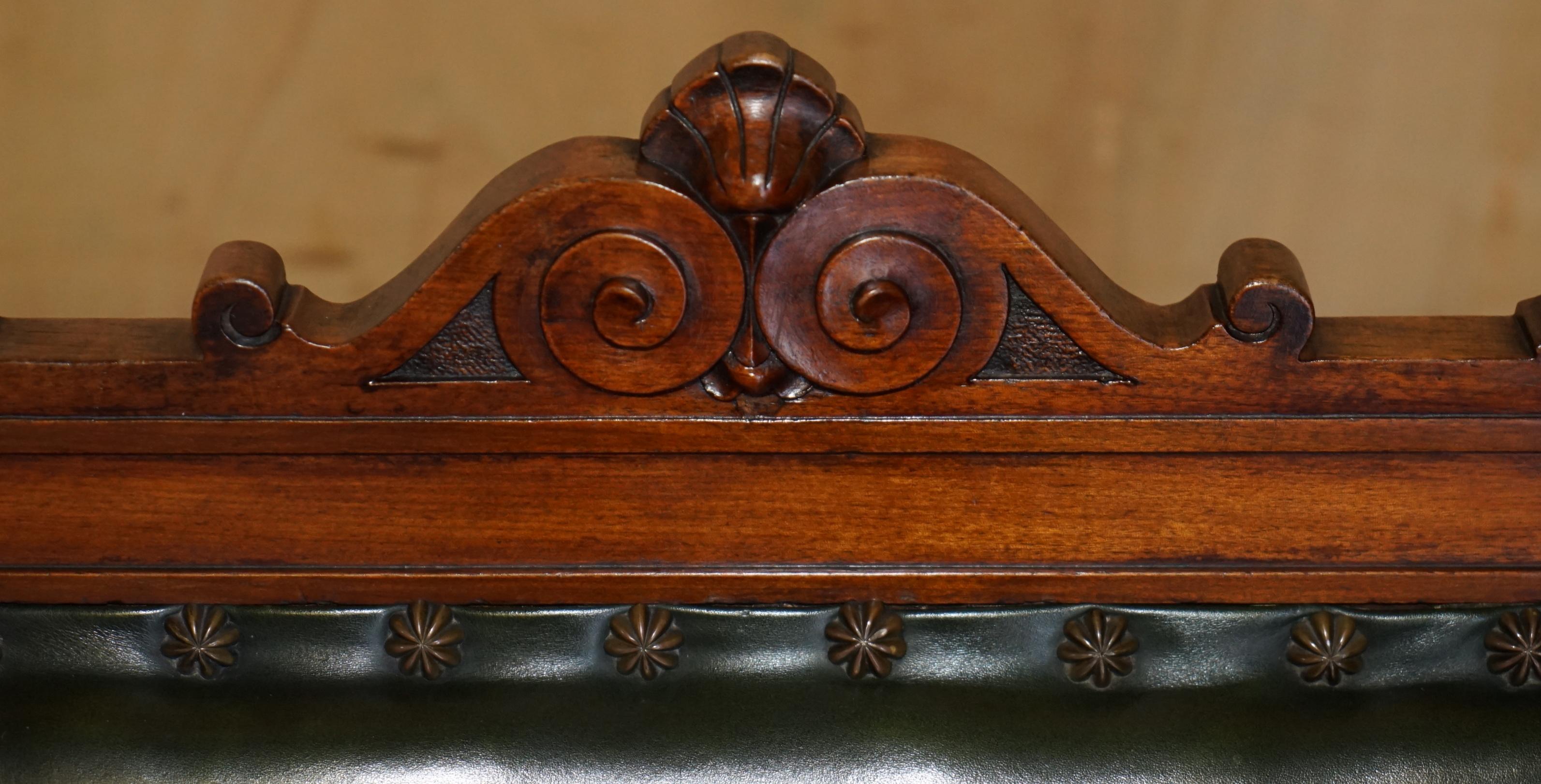 Hand-Crafted EXQUISITE IMPORTANT ENGLISH CIRCA 1880 HAND CARVED GREEN LEATHER THRONE ARMCHAiR For Sale