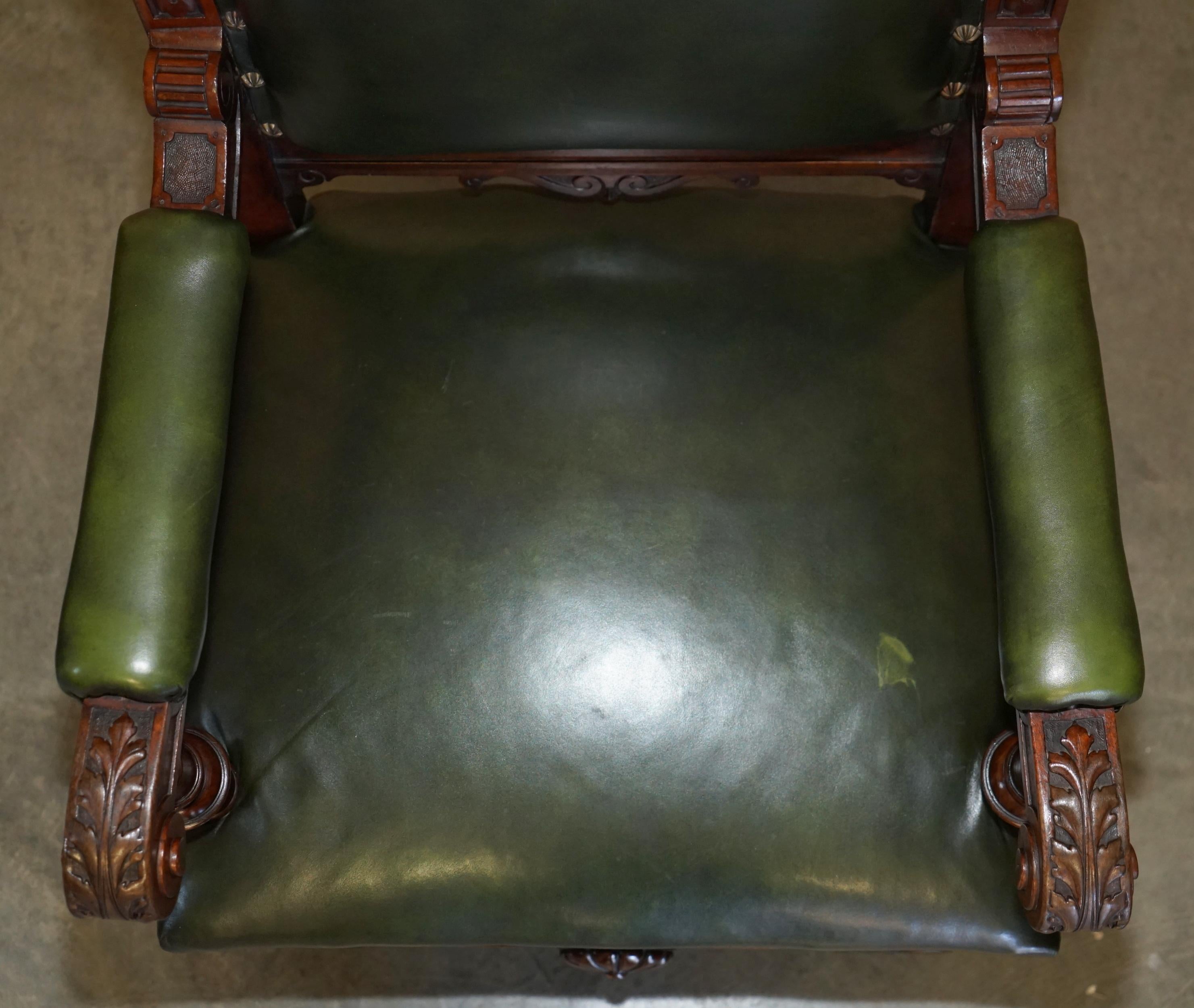 Late 19th Century EXQUISITE IMPORTANT ENGLISH CIRCA 1880 HAND CARVED GREEN LEATHER THRONE ARMCHAiR For Sale