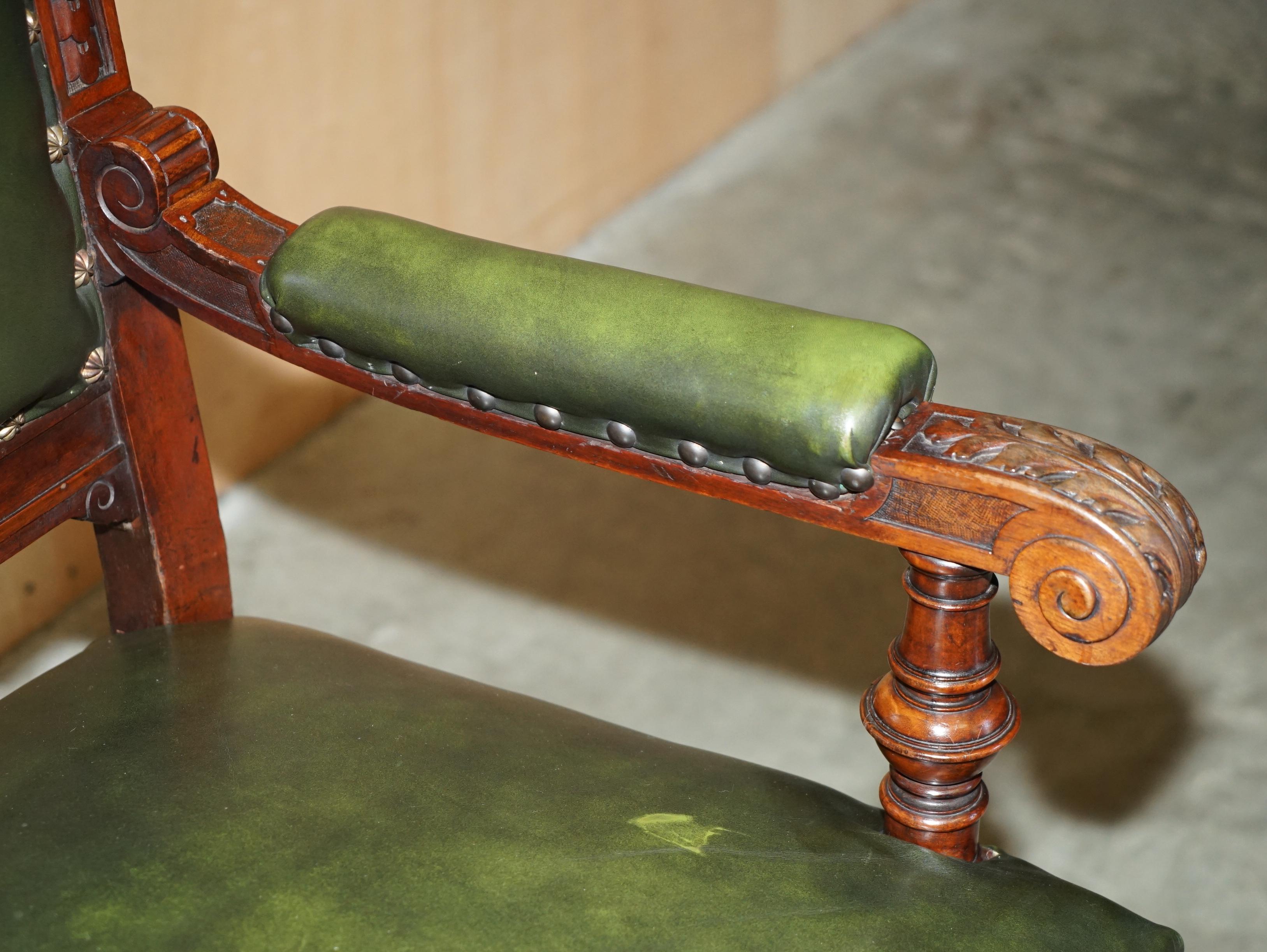Leather EXQUISITE IMPORTANT ENGLISH CIRCA 1880 HAND CARVED GREEN LEATHER THRONE ARMCHAiR For Sale