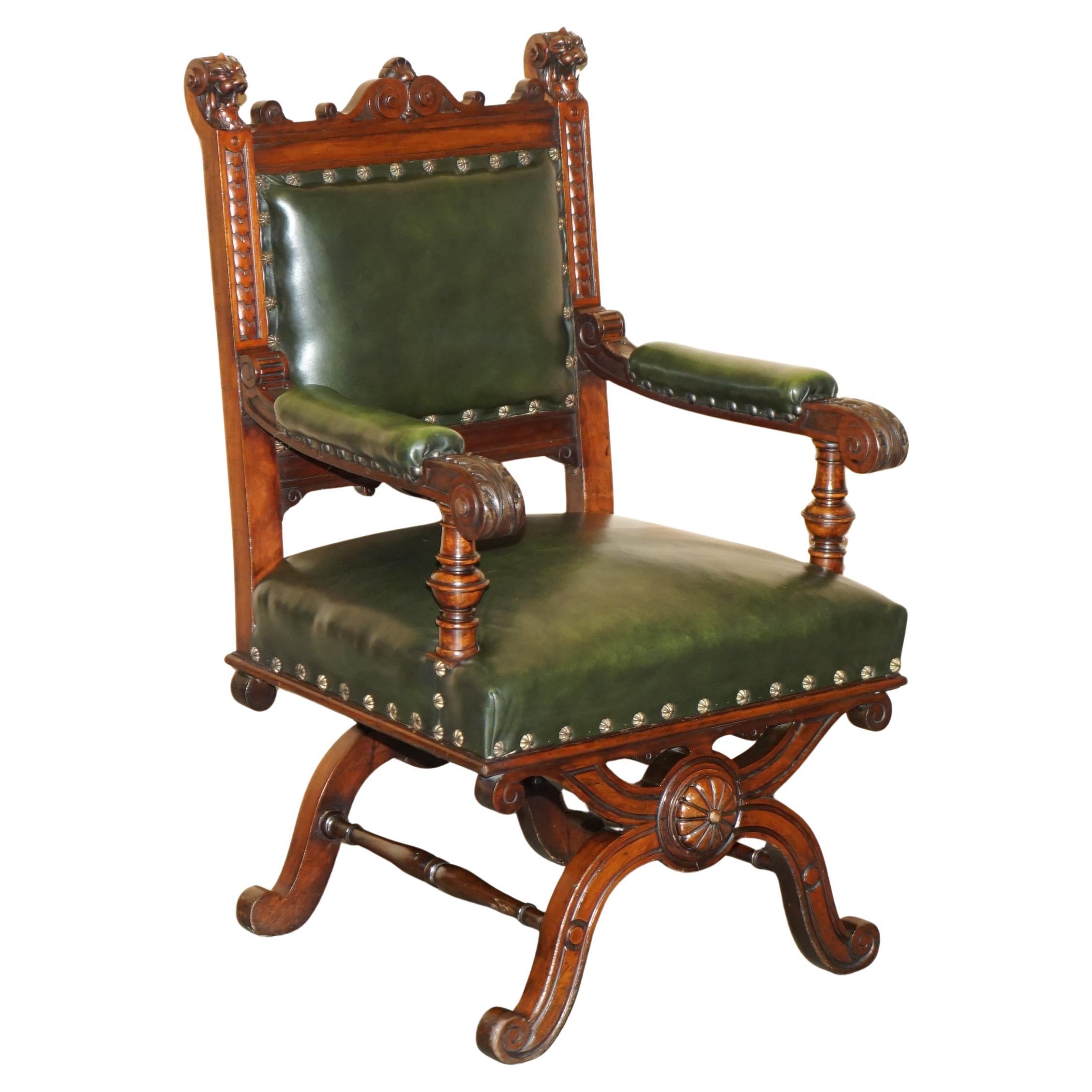 EXQUISITE IMPORTANT ENGLISH CIRCA 1880 HAND CARVED GREEN LEATHER THRONE ARMCHAiR