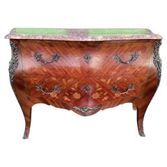 Exquisite Inlaid Bombe Chest of Drawers with Marble Top and Bronze Dore Hardware