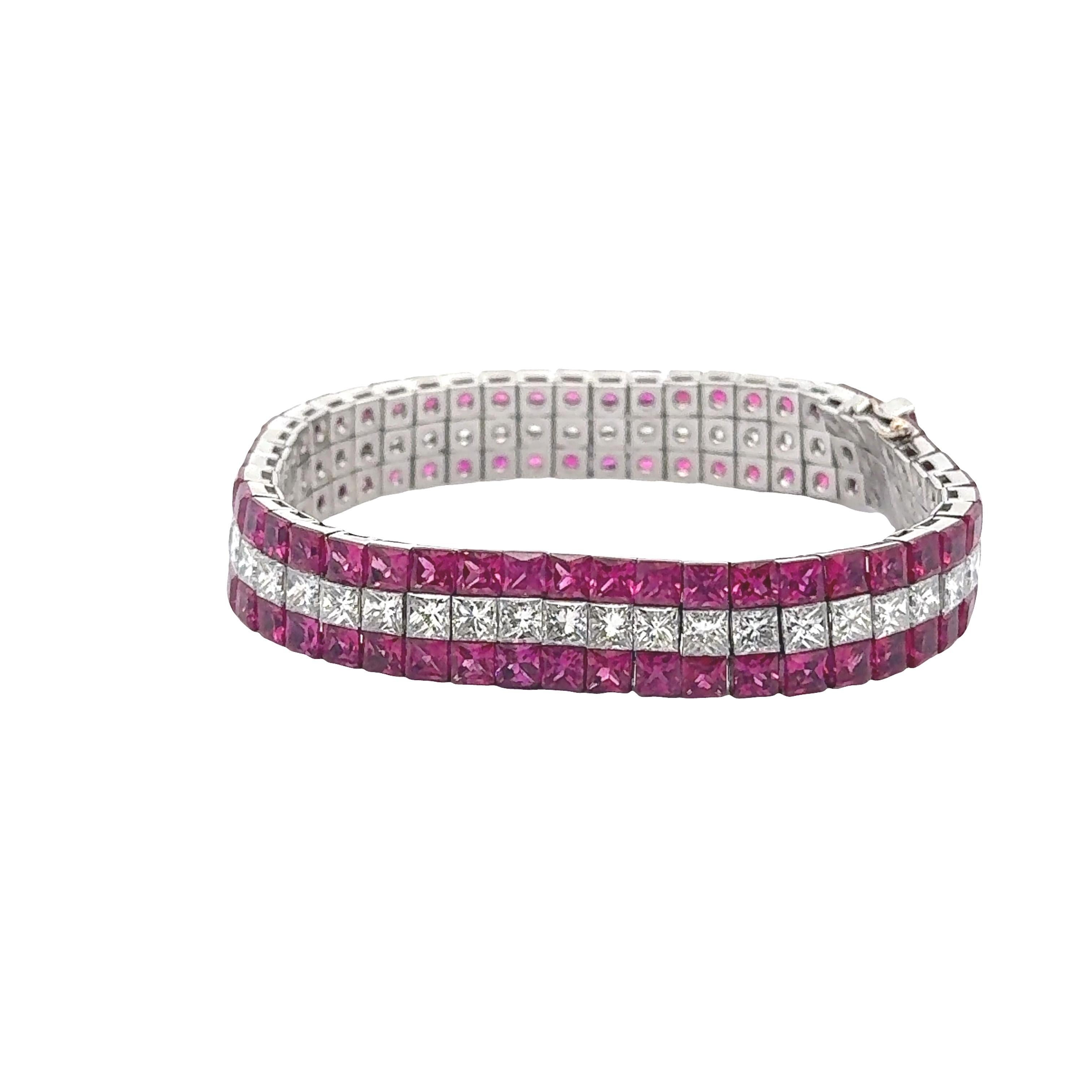 Contemporary Exquisite Invisible-Set Ruby & Diamond Platinum Flexible Tennis Bracelet For Sale