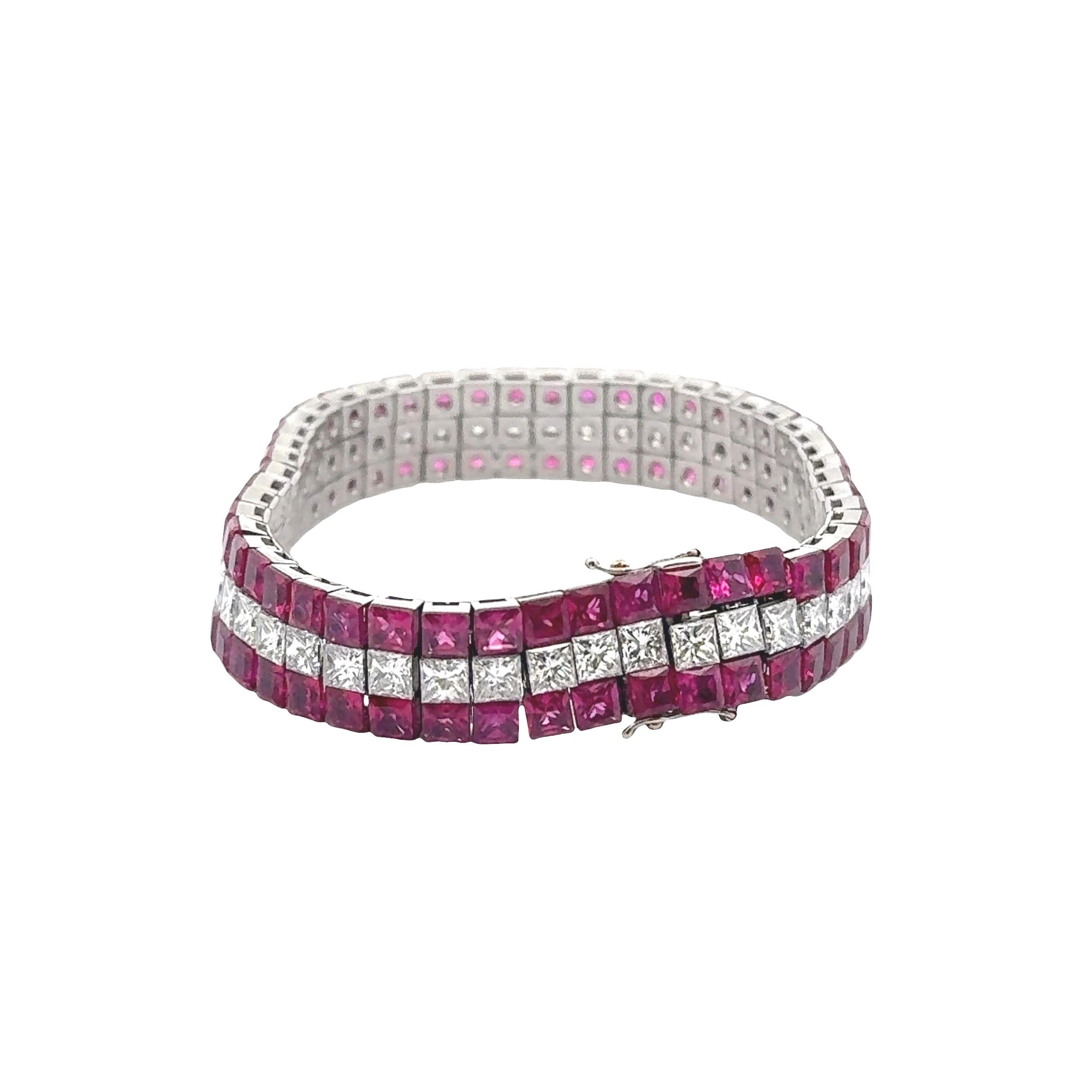 Square Cut Exquisite Invisible-Set Ruby & Diamond Platinum Flexible Tennis Bracelet For Sale