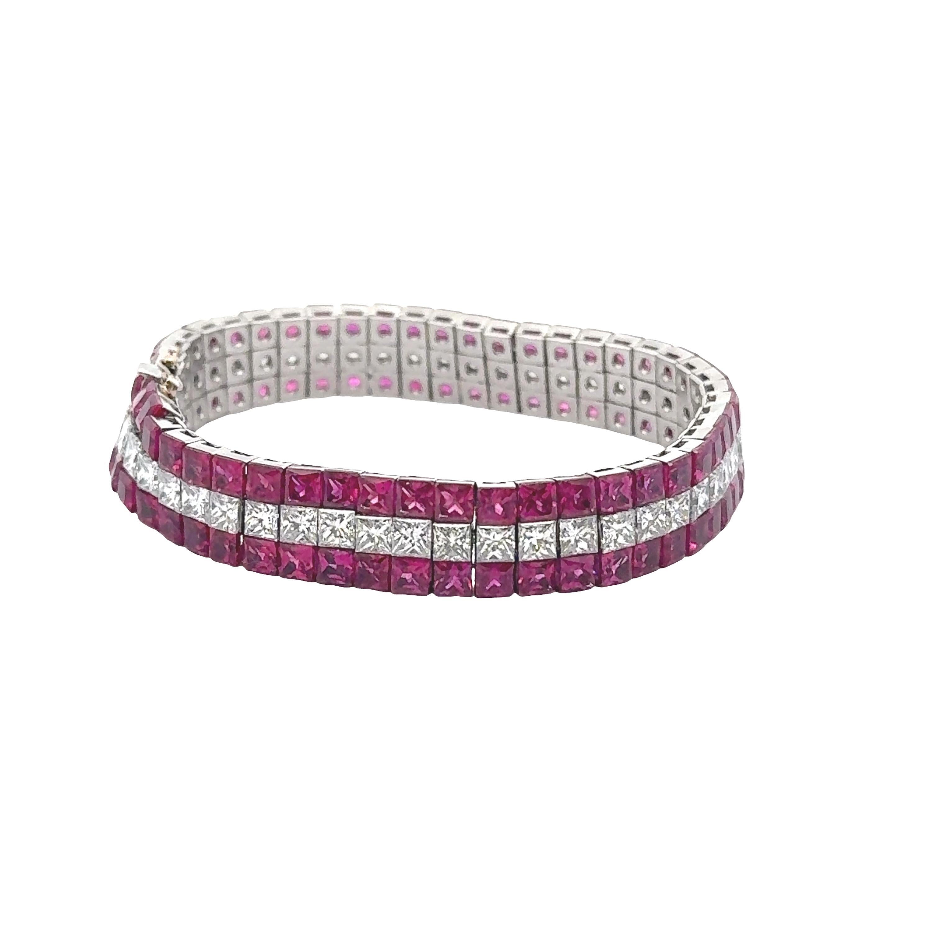 Exquisite Invisible-Set Ruby & Diamond Platinum Flexible Tennis Bracelet In Excellent Condition For Sale In Beverly Hills, CA