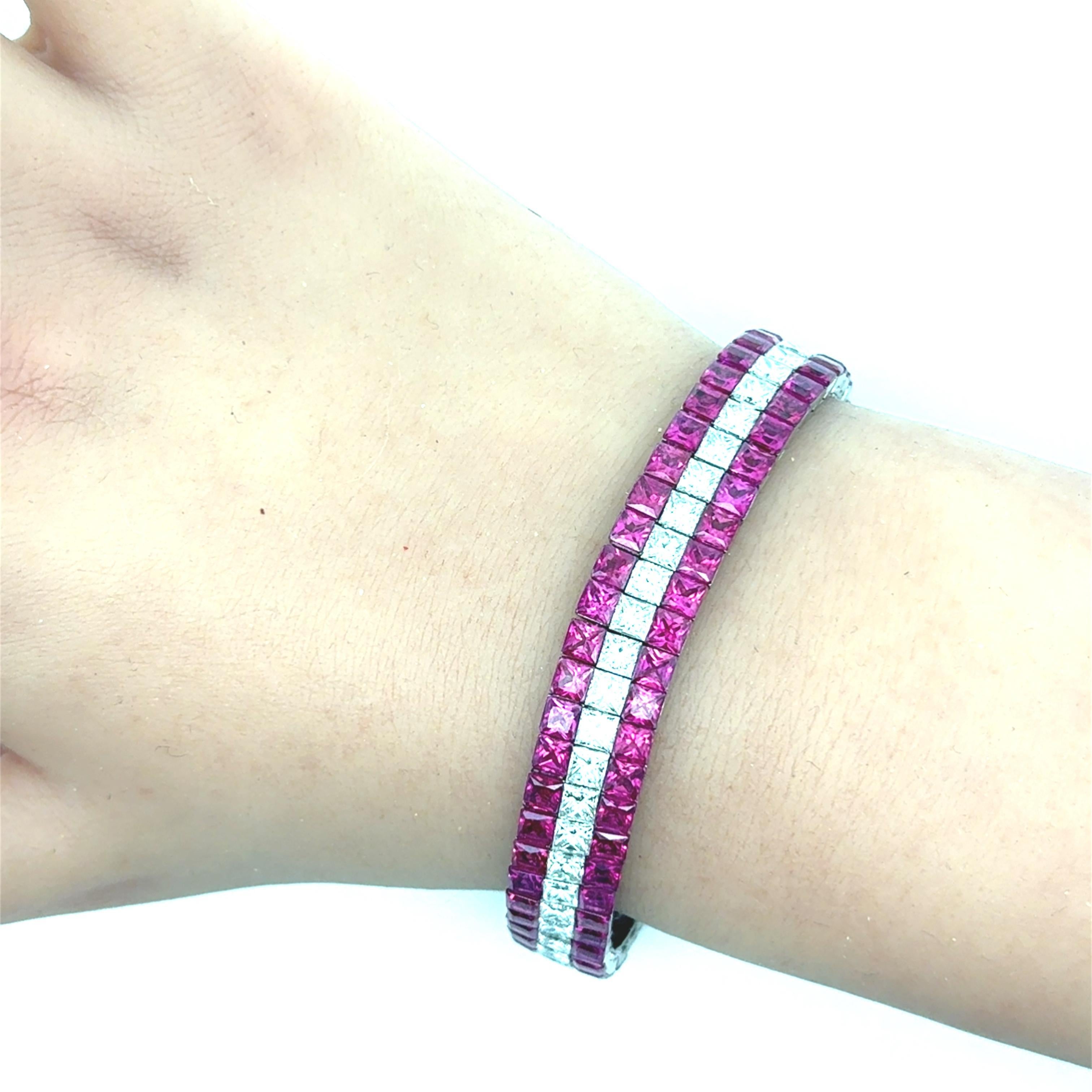 Women's Exquisite Invisible-Set Ruby & Diamond Platinum Flexible Tennis Bracelet For Sale
