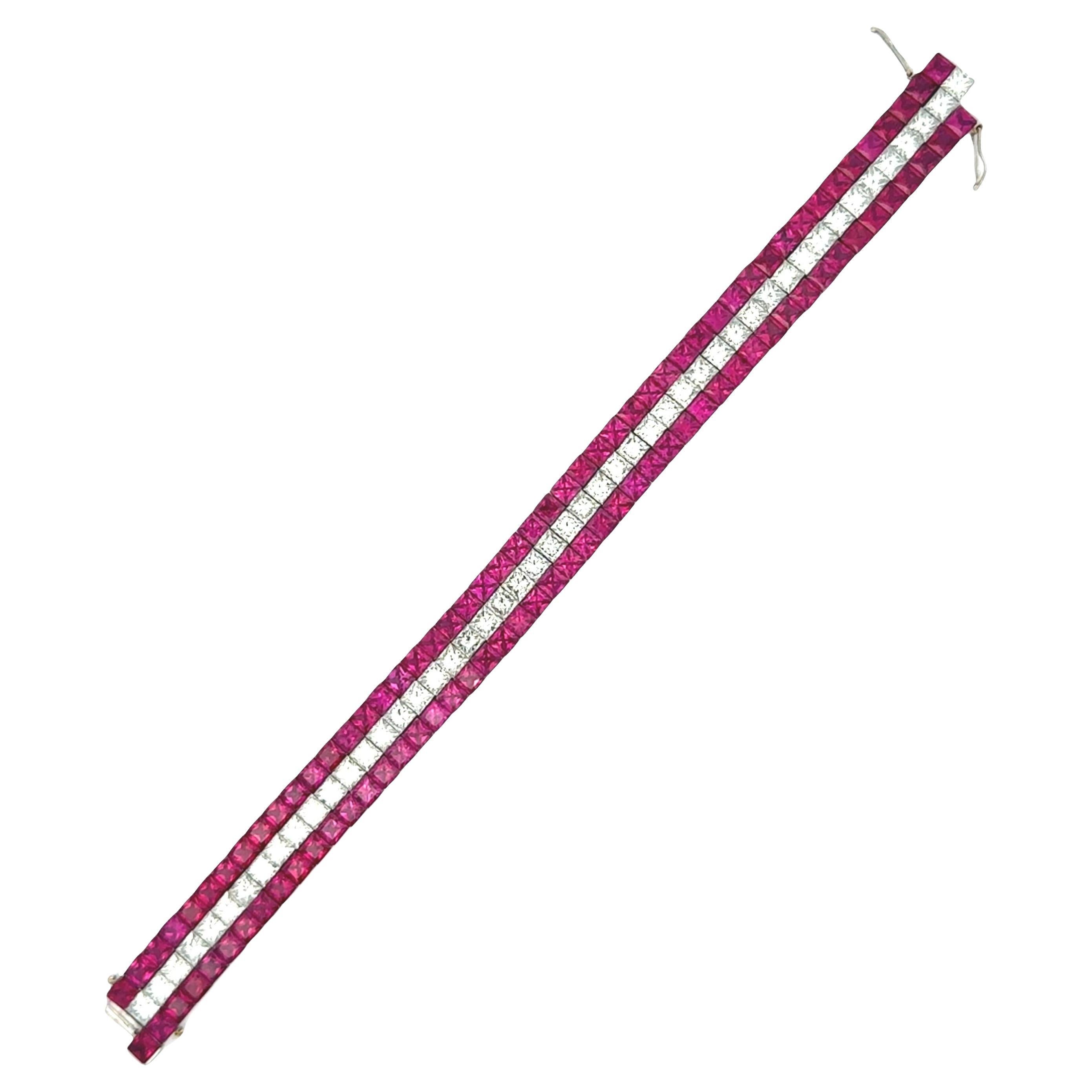 Exquisite Invisible-Set Ruby & Diamond Platinum Flexible Tennis Bracelet For Sale