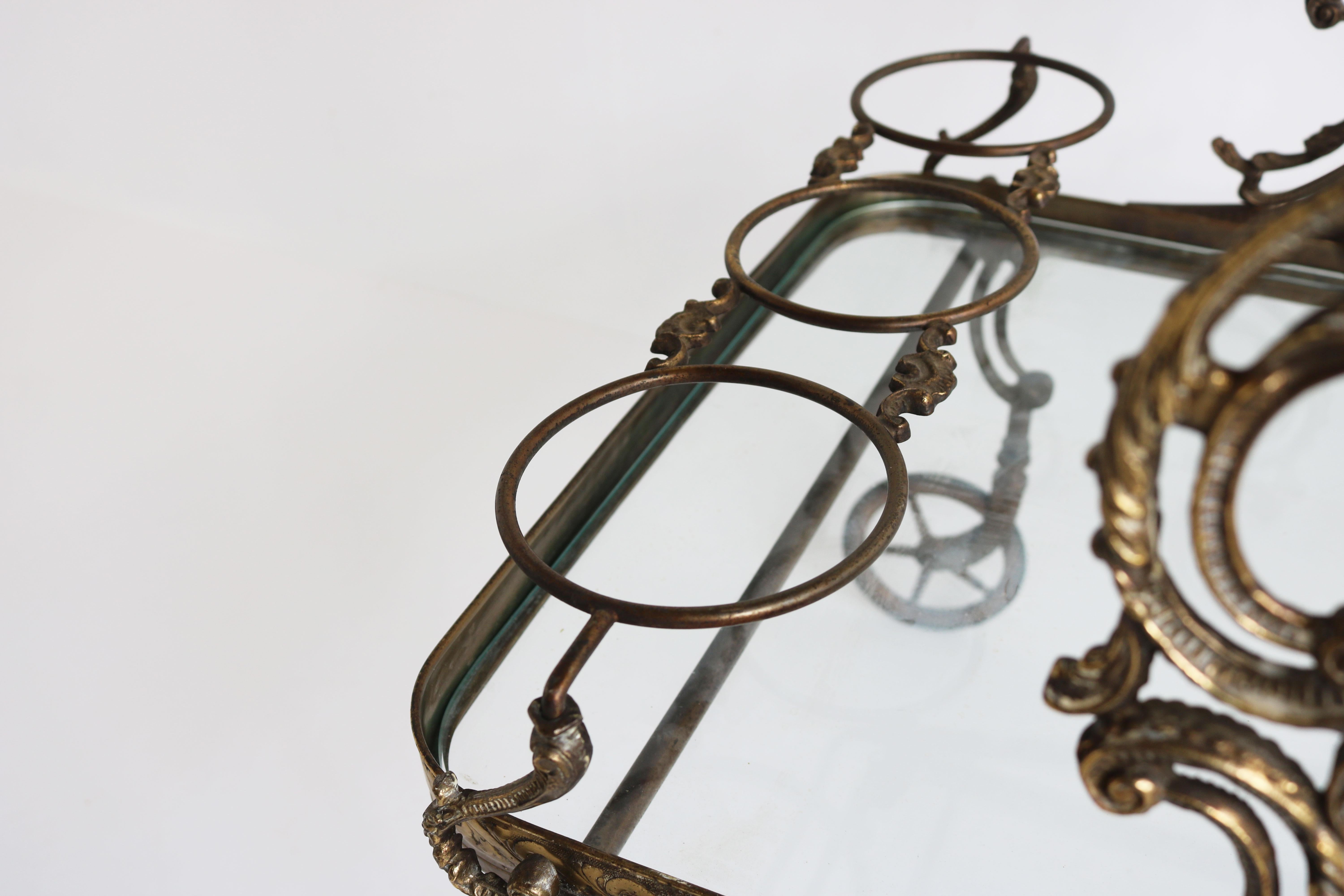 Exquisite Italian 1940s Hollywood Regency Bar Cart / Trolley Rococo Brass Glass For Sale 7