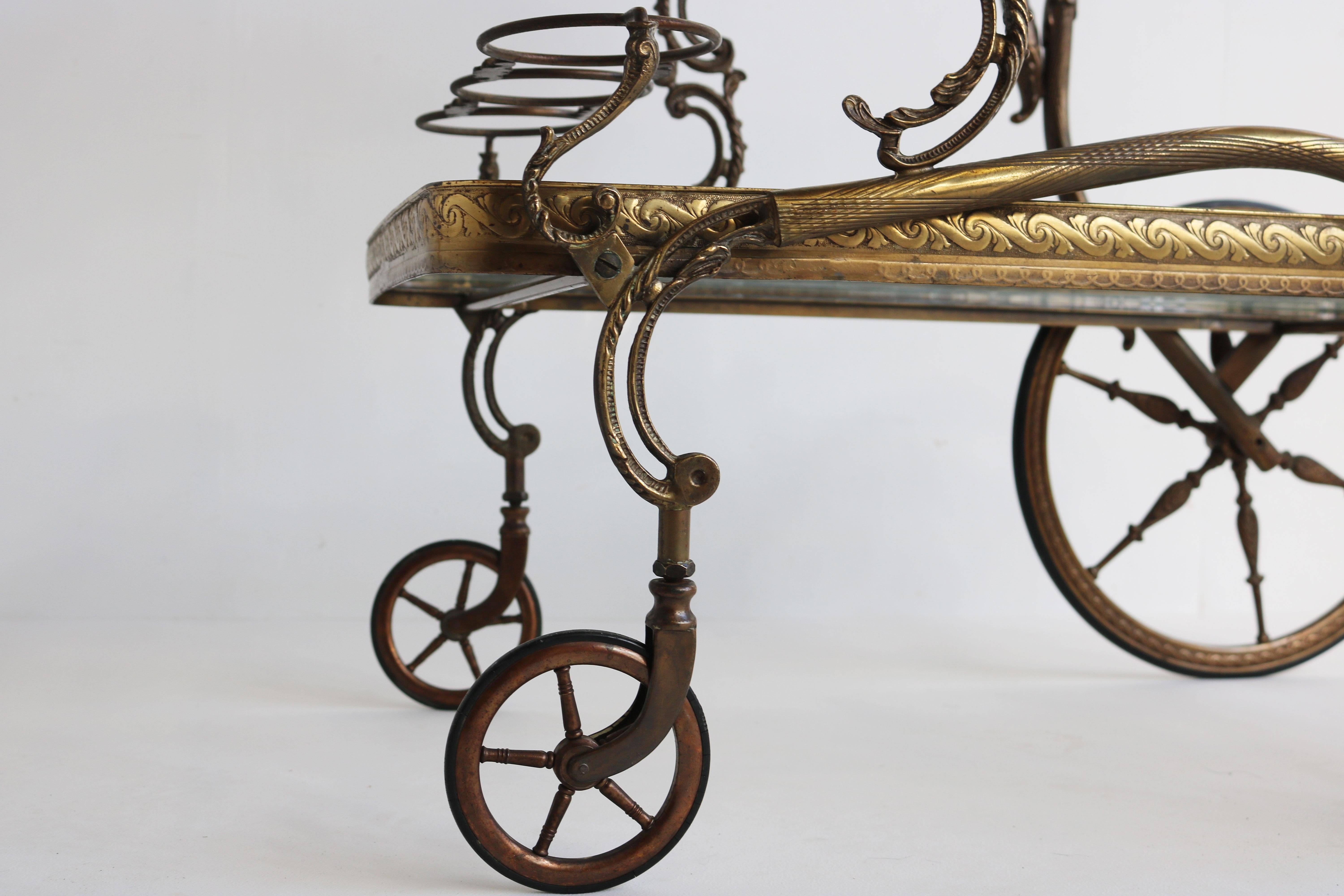 Exquisite Italian 1940s Hollywood Regency Bar Cart / Trolley Rococo Brass Glass For Sale 1