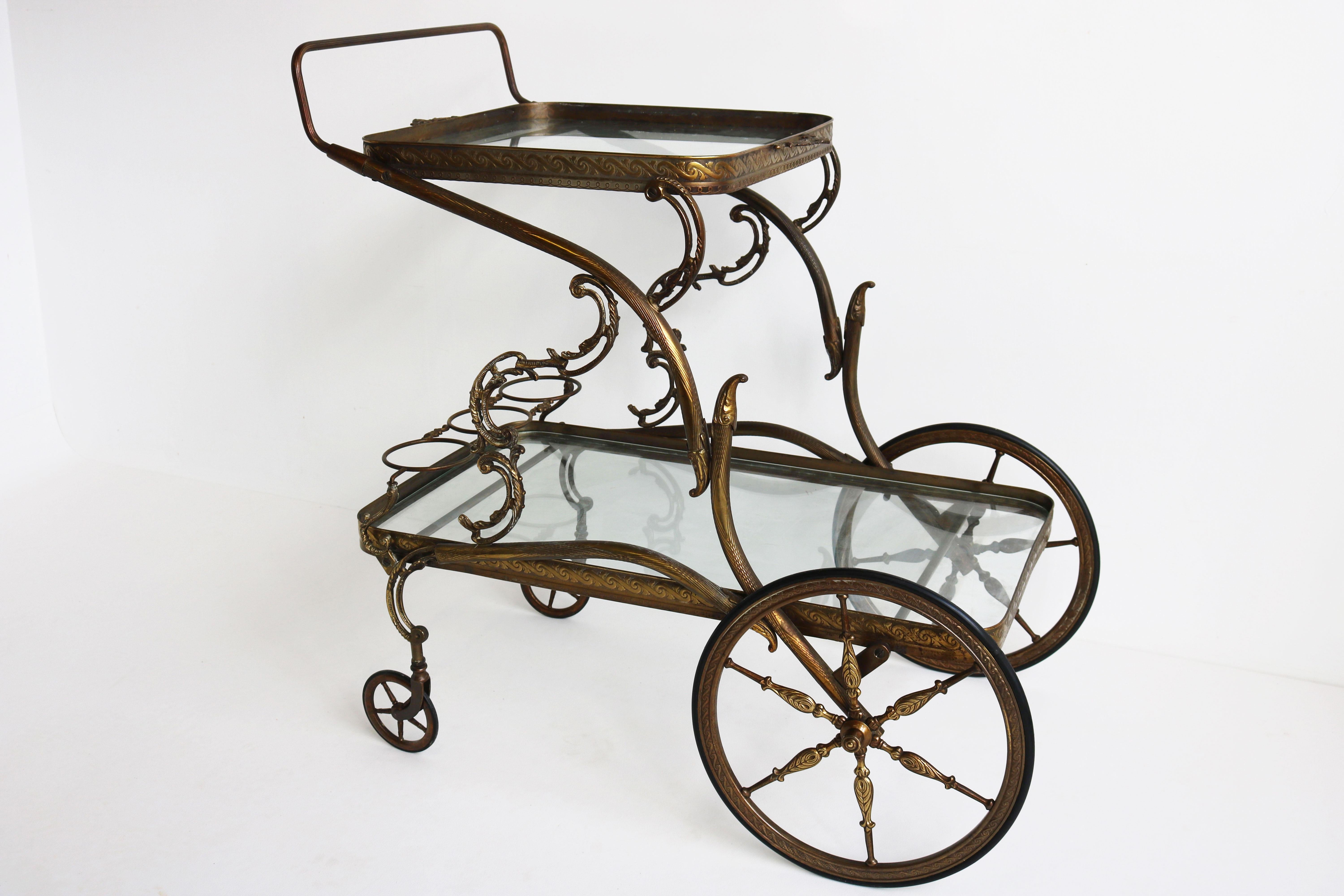 Exquisite Italian 1940s Hollywood Regency Bar Cart / Trolley Rococo Brass Glass For Sale 2