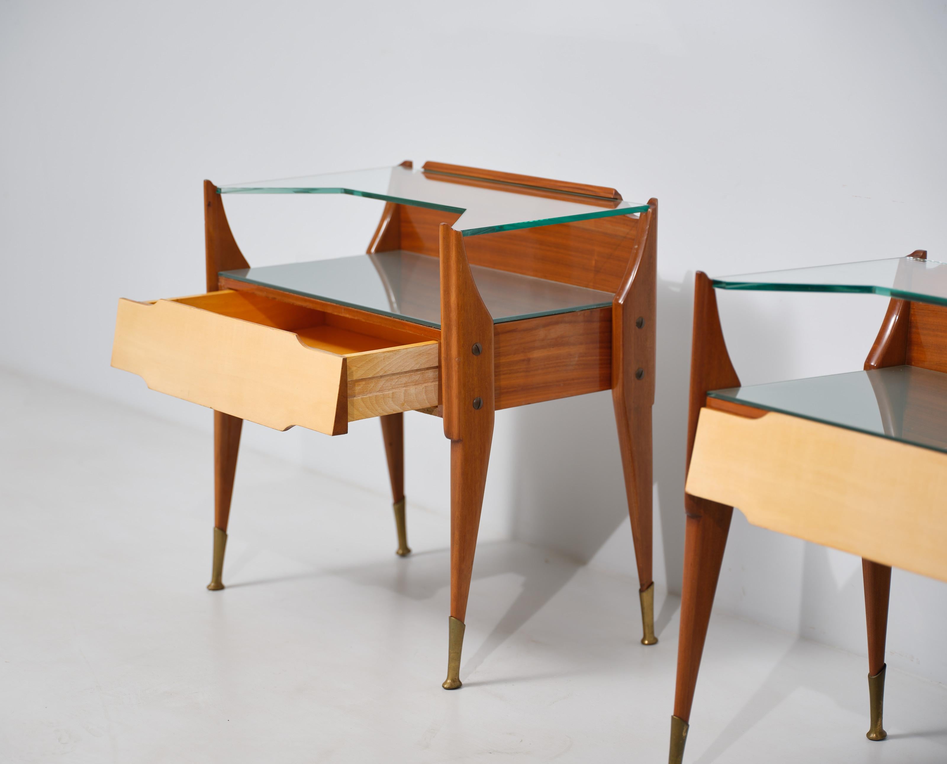 Brass Exquisite Italian Craftsmanship: Vintage Teak Wood Bedside Tables For Sale