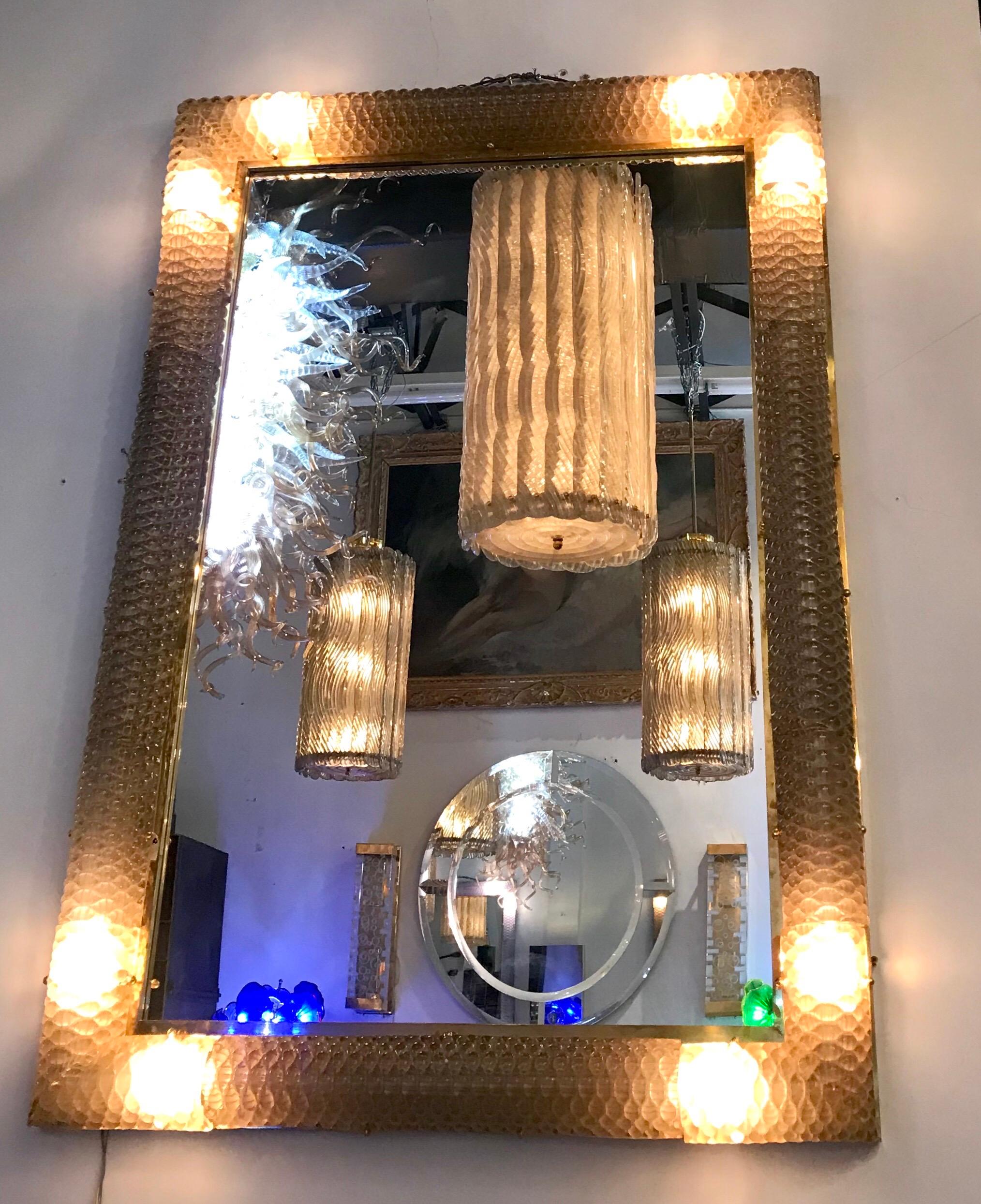 Exquisite Italian Hand Blown Glass and Brass Illuminating Large Mirror For Sale 5