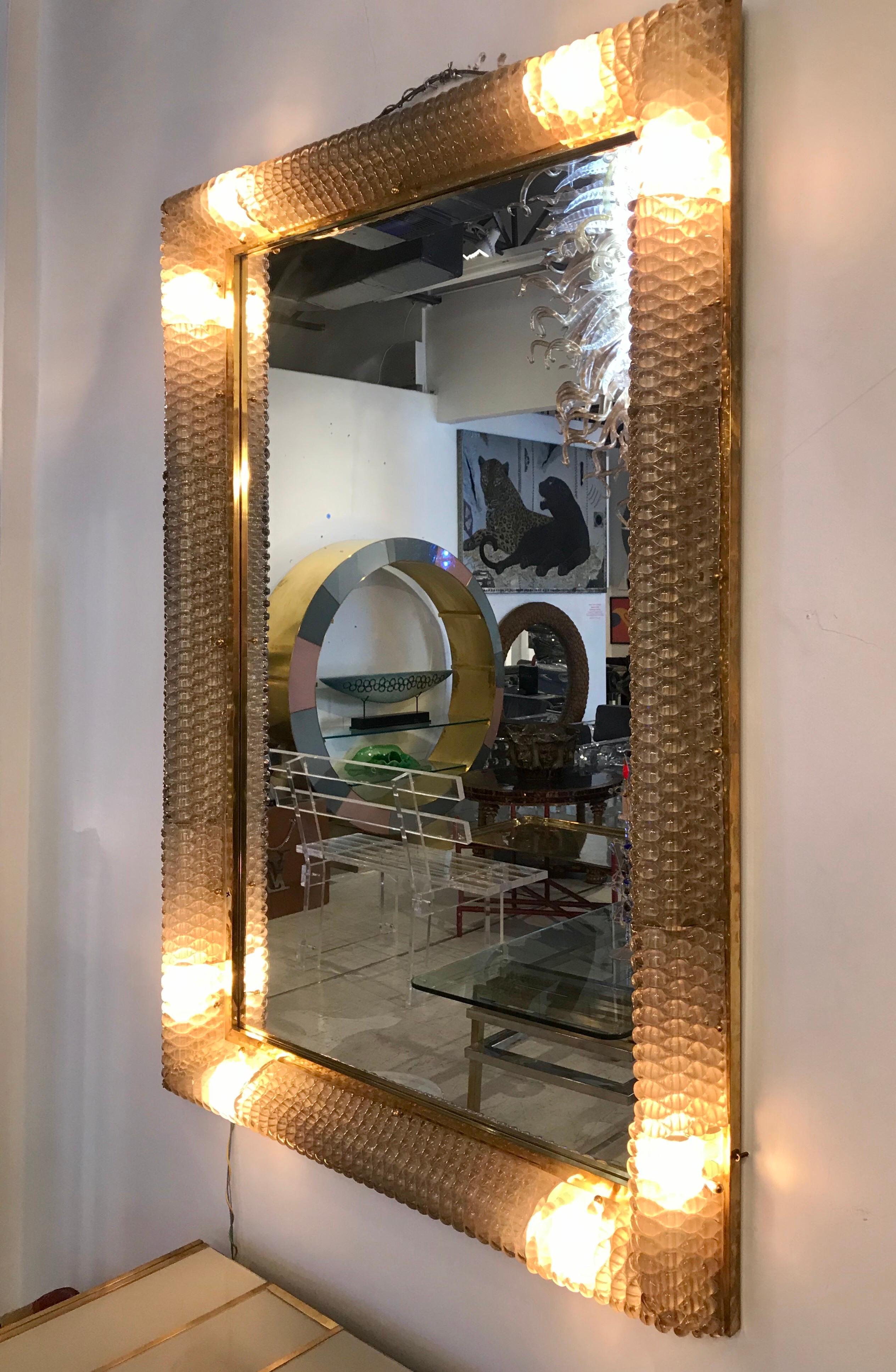Exquisite Italian Hand Blown Glass and Brass Illuminating Large Mirror For Sale 6