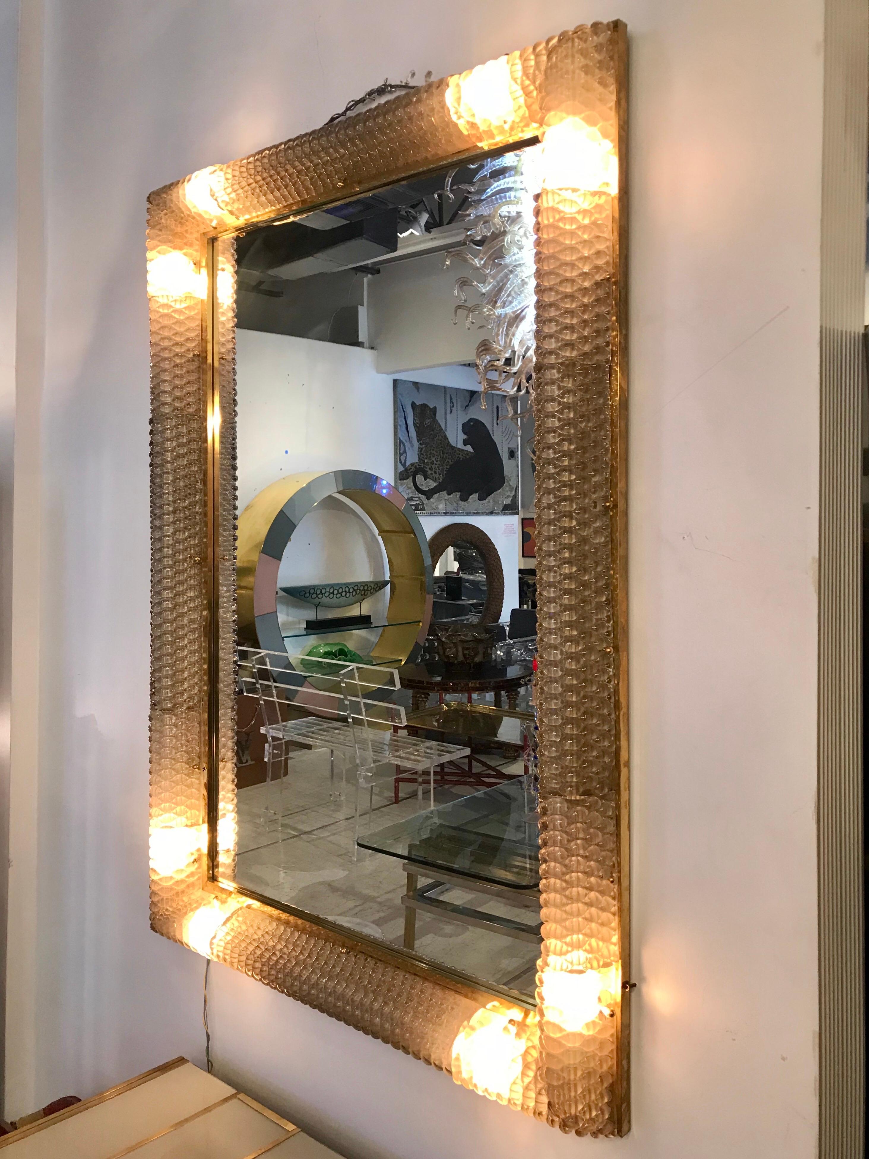 Exquisite Italian Hand Blown Glass and Brass Illuminating Large Mirror For Sale 7