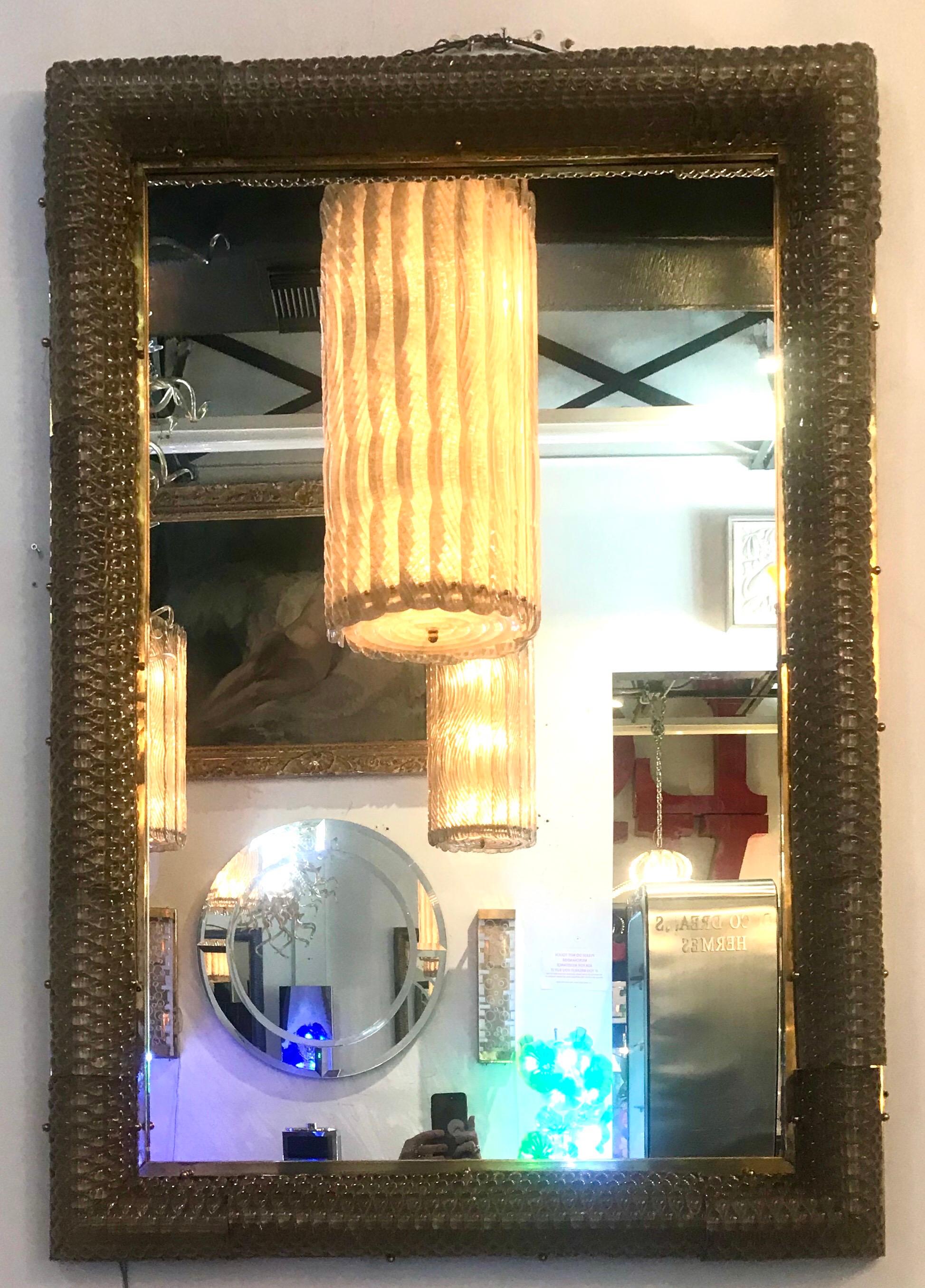 Mid-Century Modern Exquisite Italian Hand Blown Glass and Brass Illuminating Large Mirror For Sale
