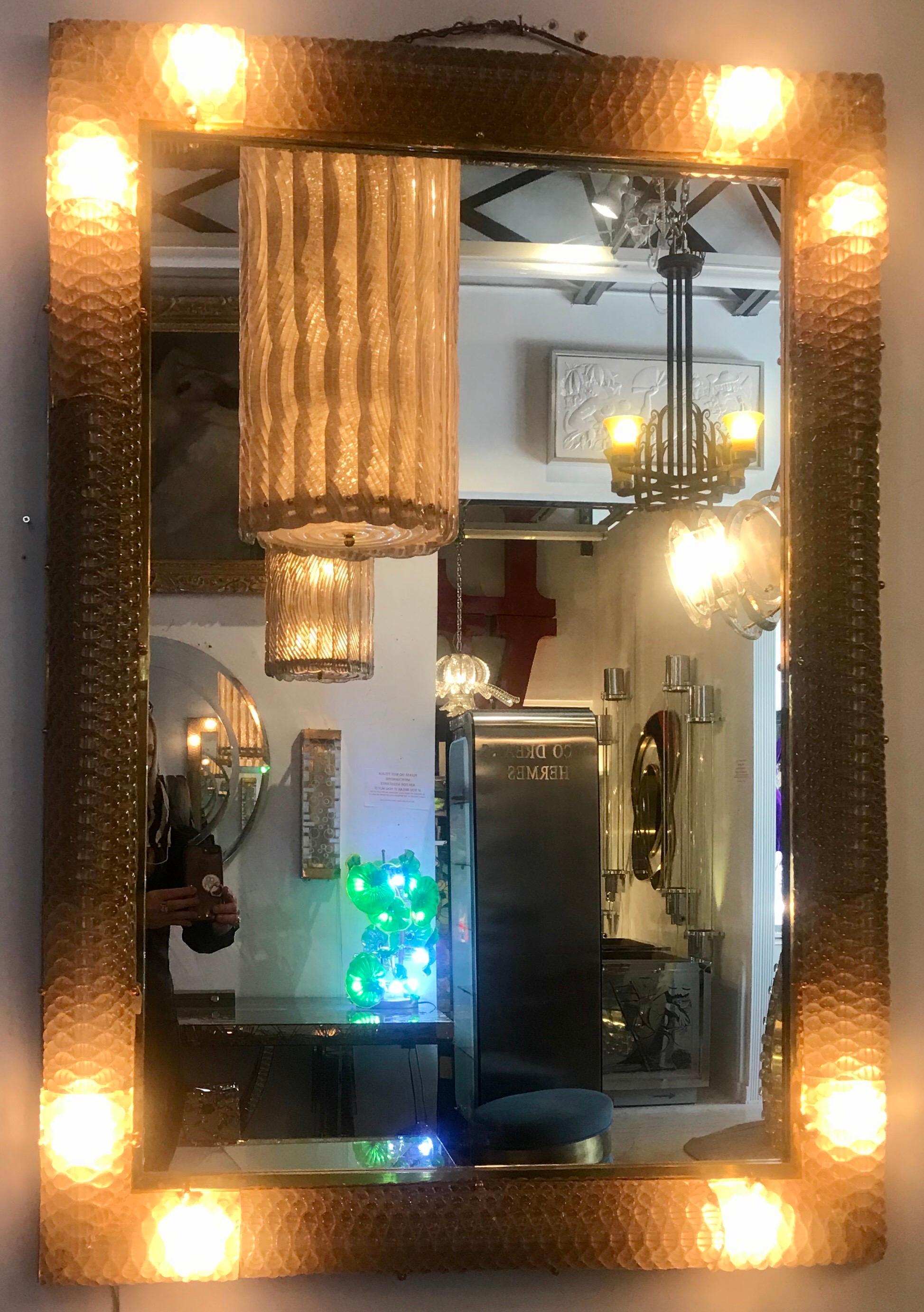 20th Century Exquisite Italian Hand Blown Glass and Brass Illuminating Large Mirror For Sale