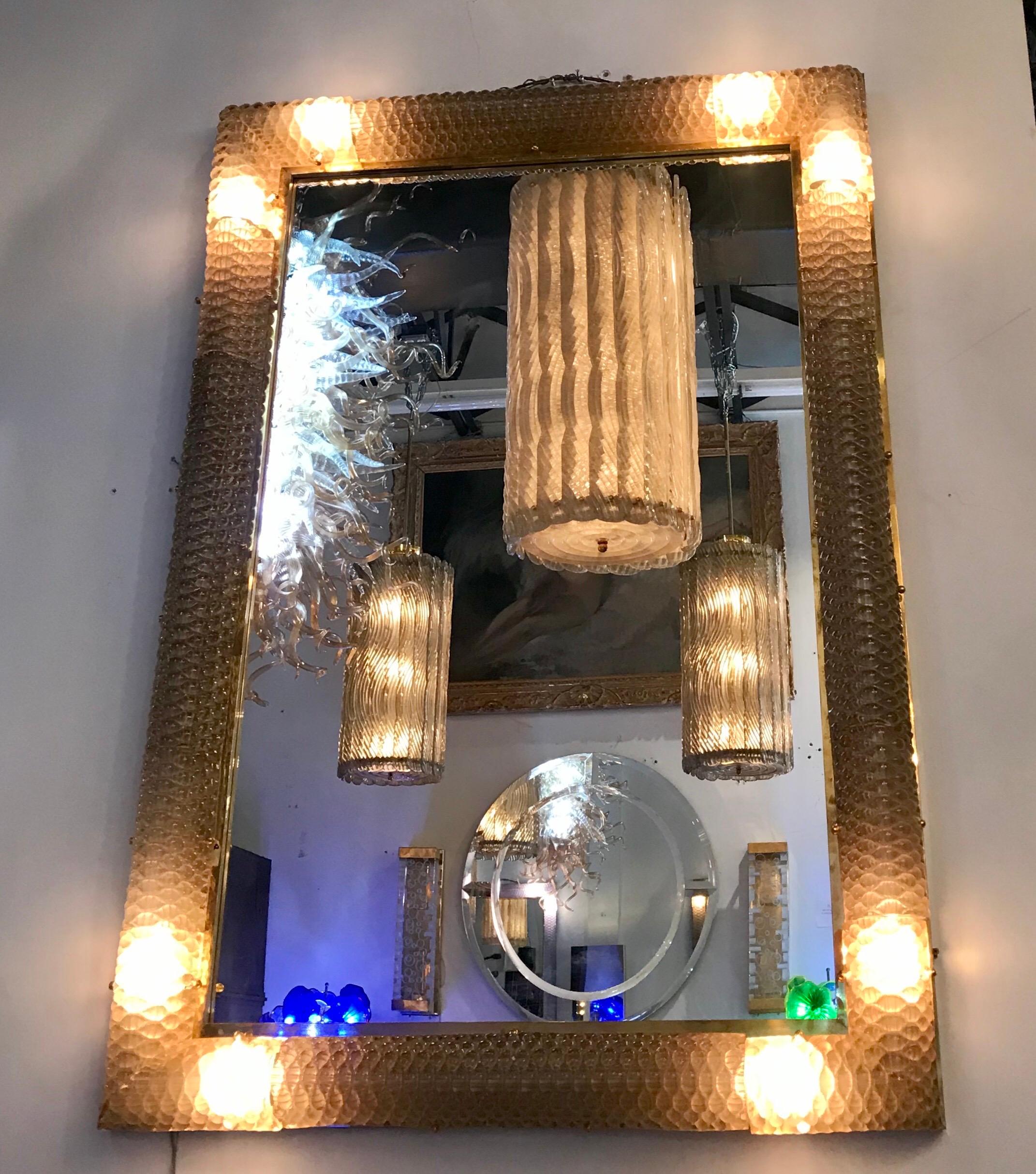 Exquisite Italian Hand Blown Glass and Brass Illuminating Large Mirror For Sale 3