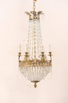 An Exquisite Italian Mid-century Basket-Shaped Crystal and Brass Chandelier
