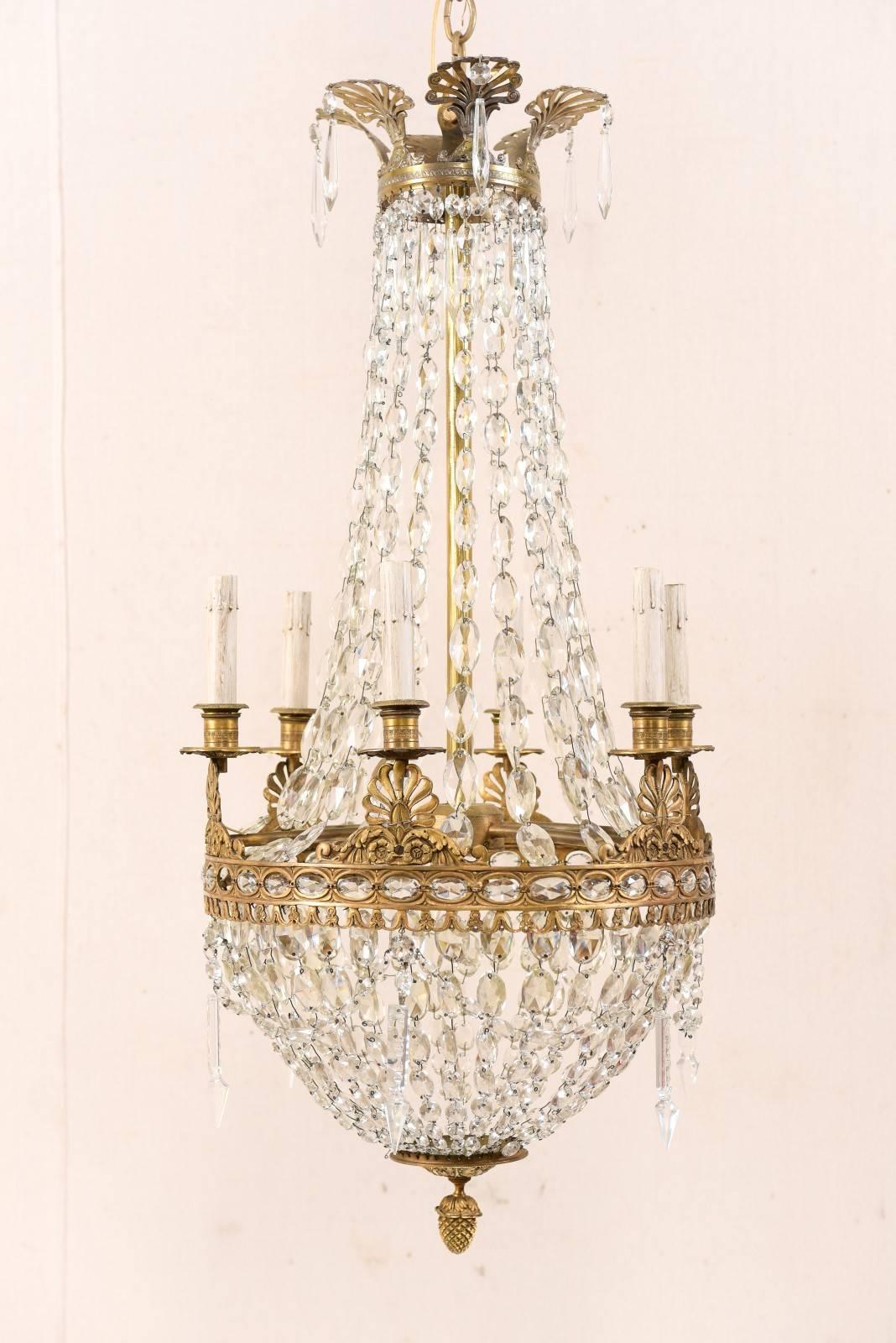 Beaded An Exquisite Italian Mid-century Basket-Shaped Crystal and Brass Chandelier For Sale