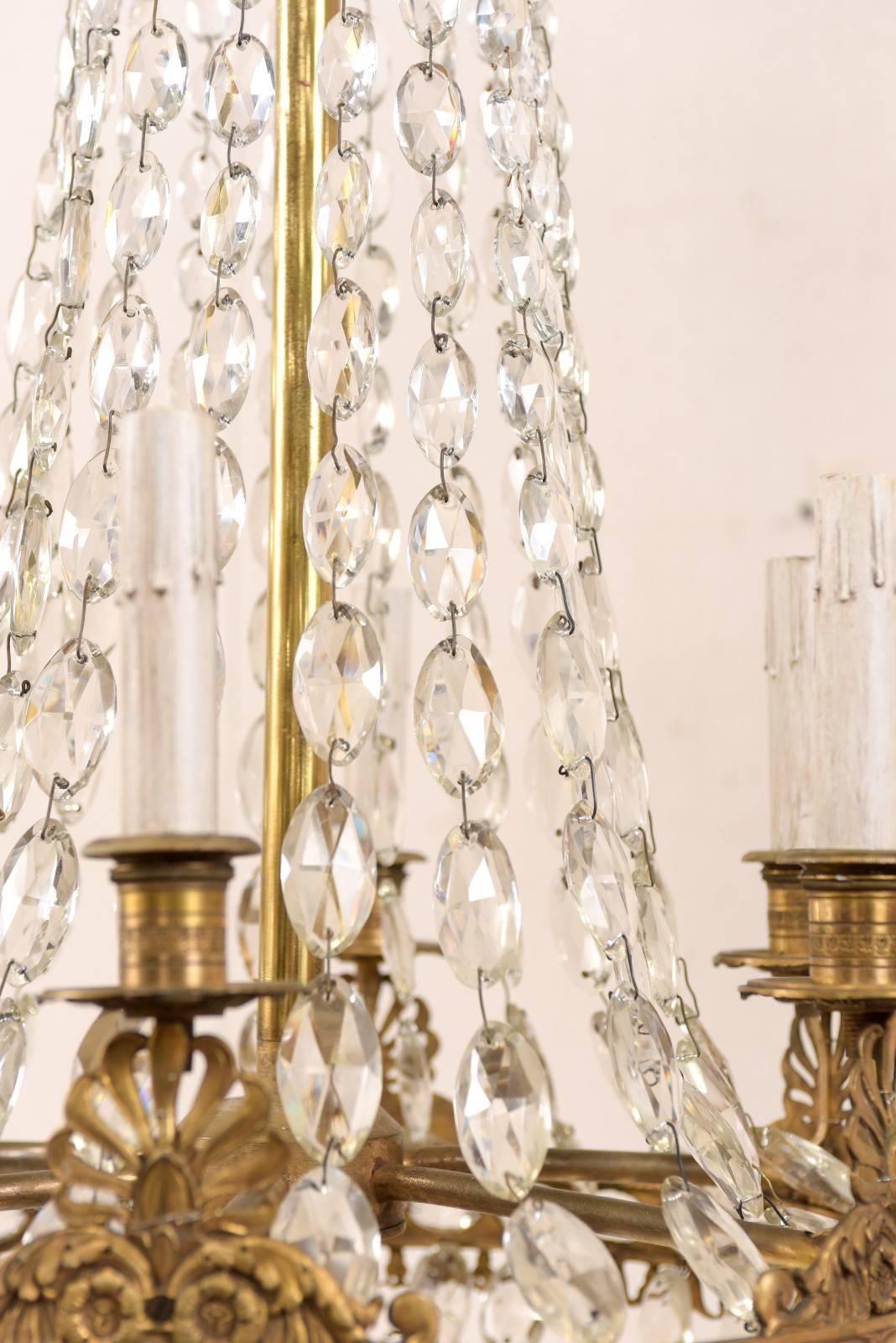 An Exquisite Italian Mid-century Basket-Shaped Crystal and Brass Chandelier For Sale 2