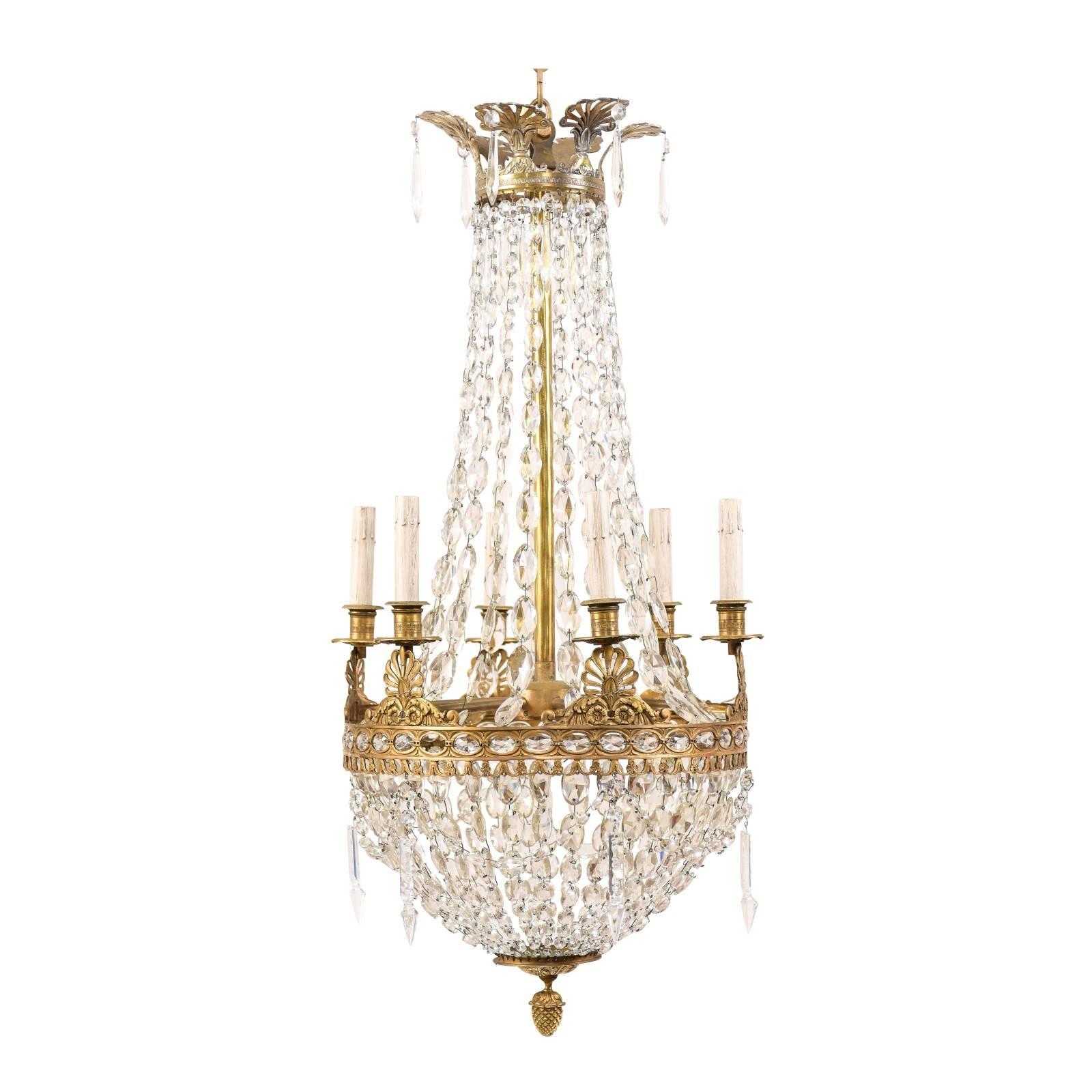 An Exquisite Italian Mid-century Basket-Shaped Crystal and Brass Chandelier For Sale