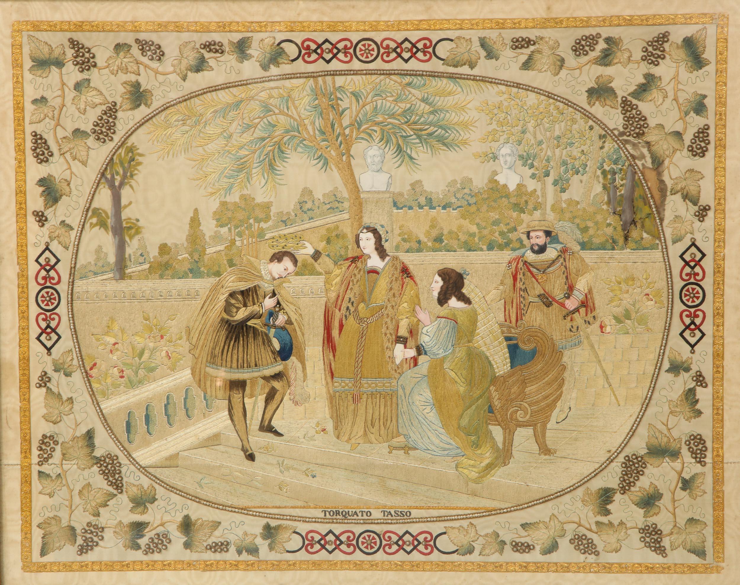 Sehr feines italienisches Seidenbild aus dem 18. Jahrhundert, das Torquato Tasso, den großen italienischen Renaissance-Dichter, darstellt, fein gearbeitet mit Hunderten von grauen und weißen Saatperlen, Seide und Goldfäden, wobei der Dichter mit