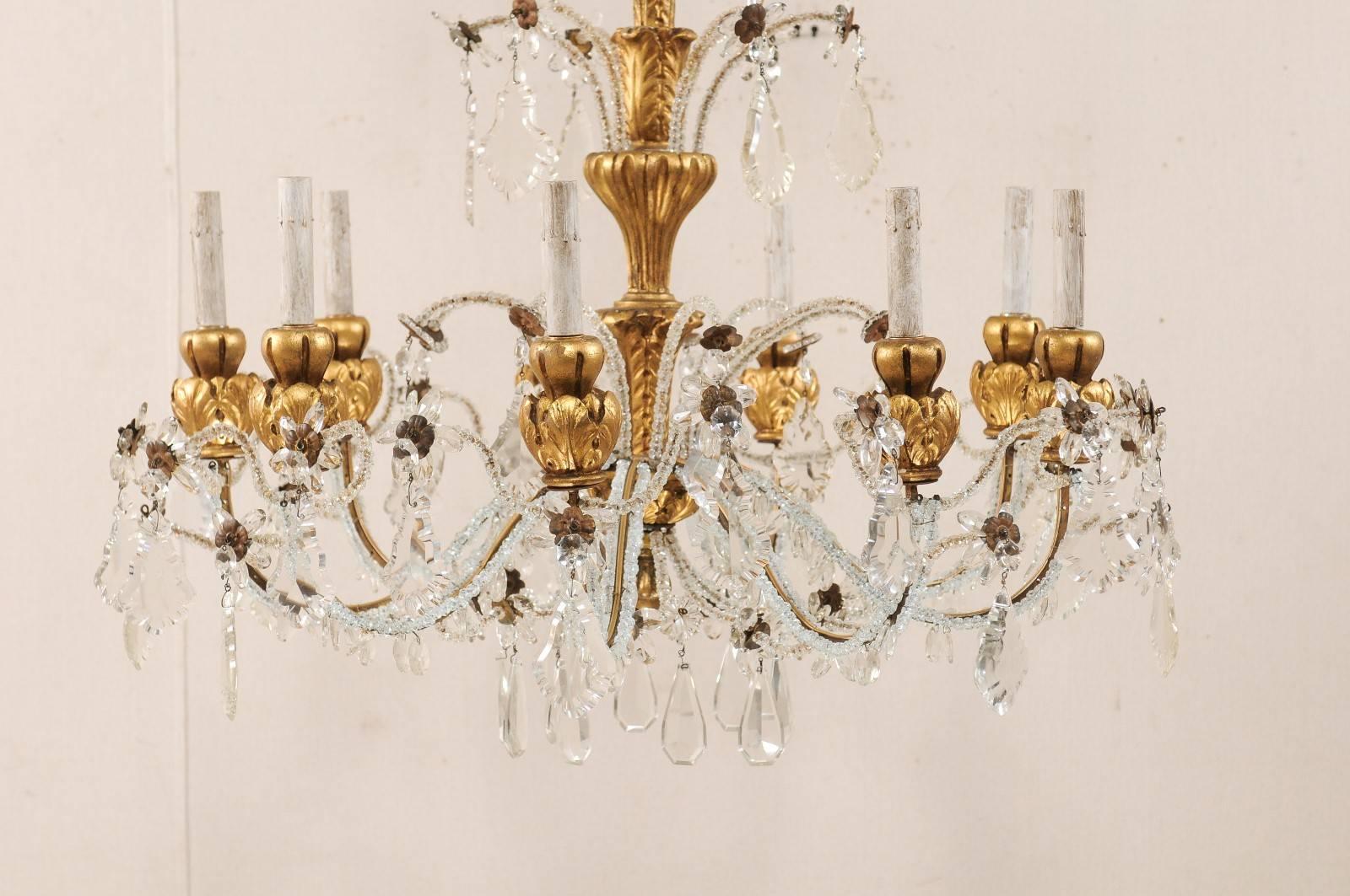Beaded Exquisite Italian Vintage Gilded and Carved Wood Multi-Tiered Crystal Chandelier