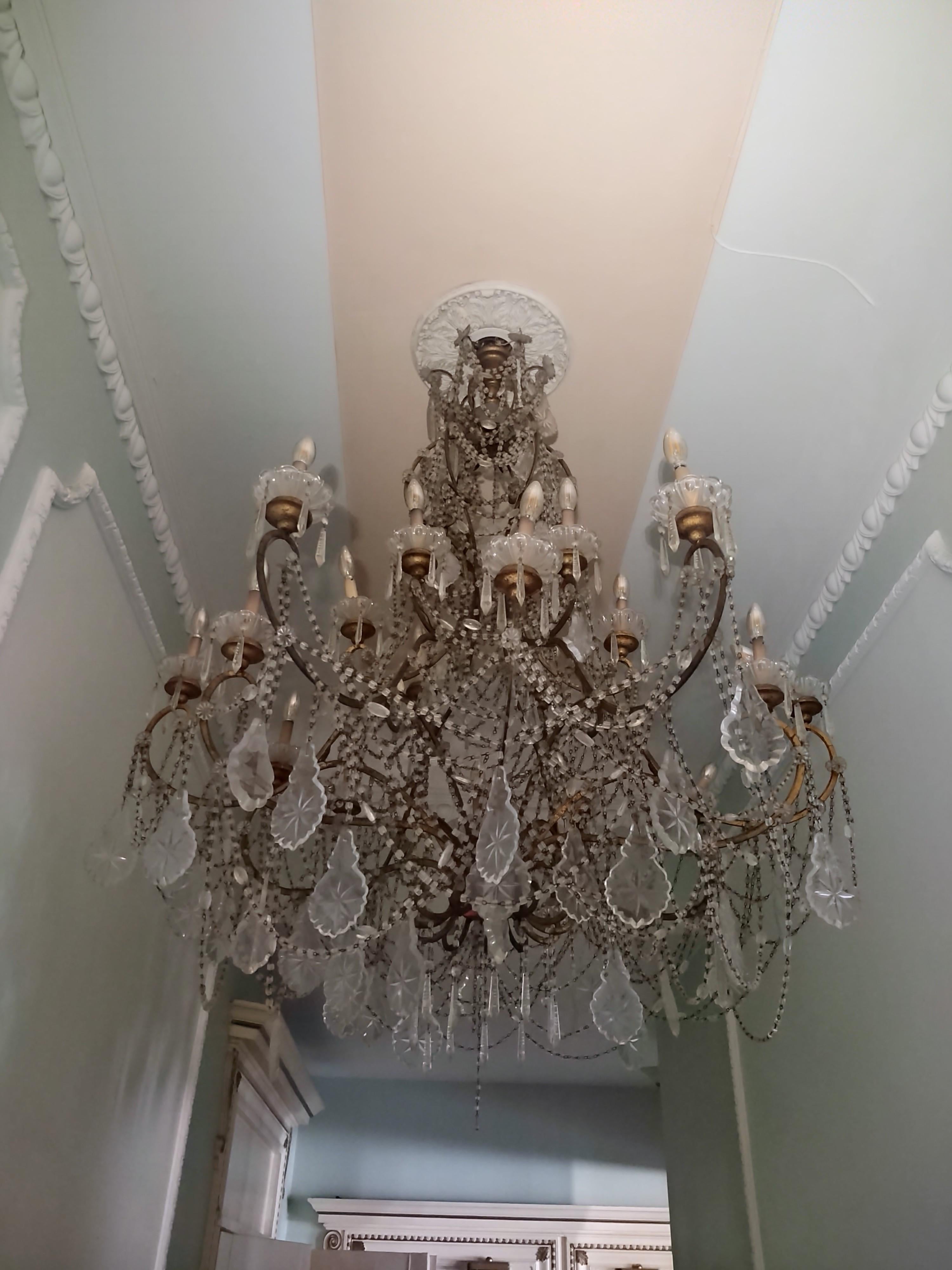 Unique Italian Wood Gilded Iron Beaded Crystal Chandelier w/ 18 Lights For Sale 12