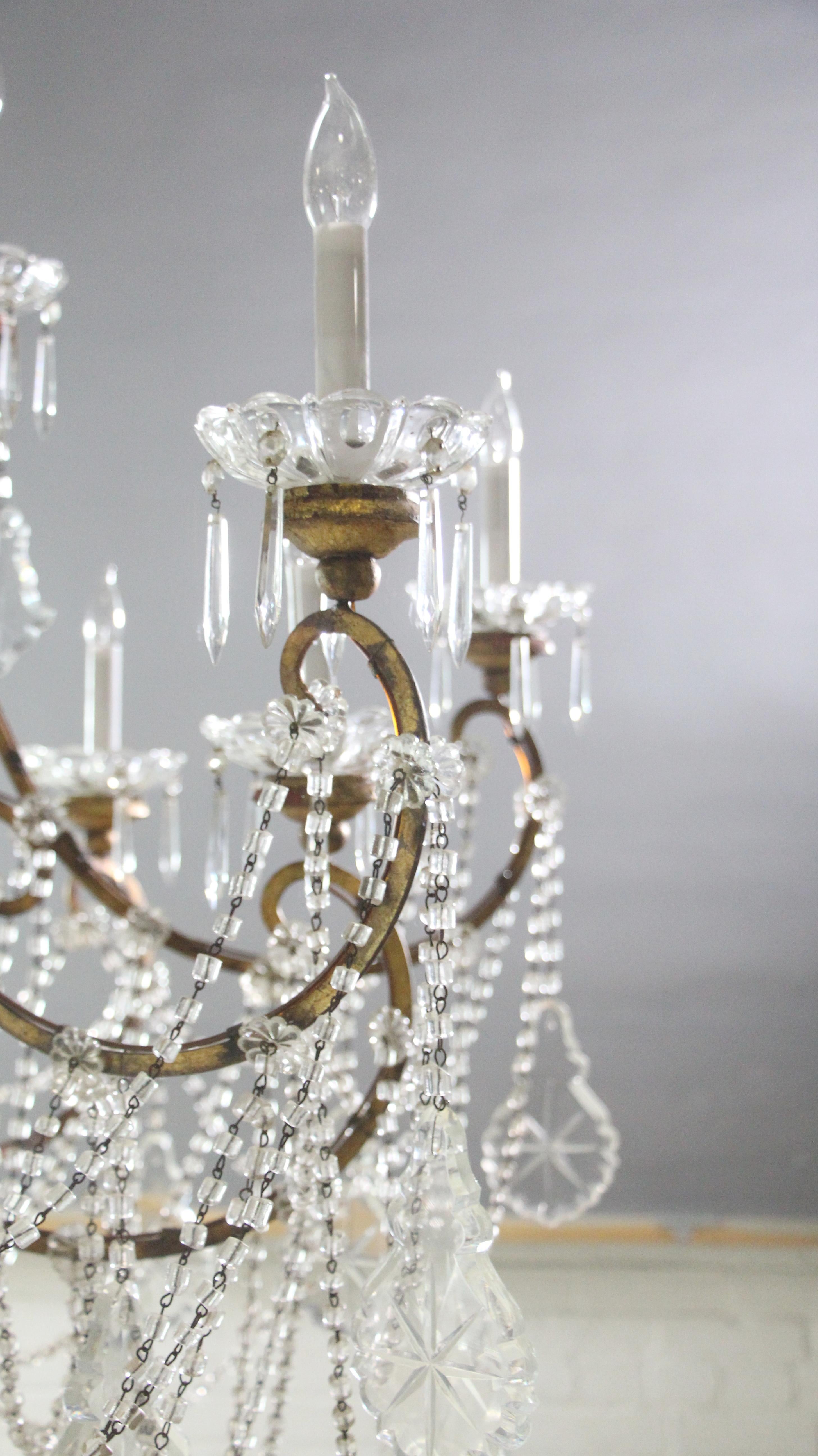 Unique Italian Wood Gilded Iron Beaded Crystal Chandelier w/ 18 Lights For Sale 6