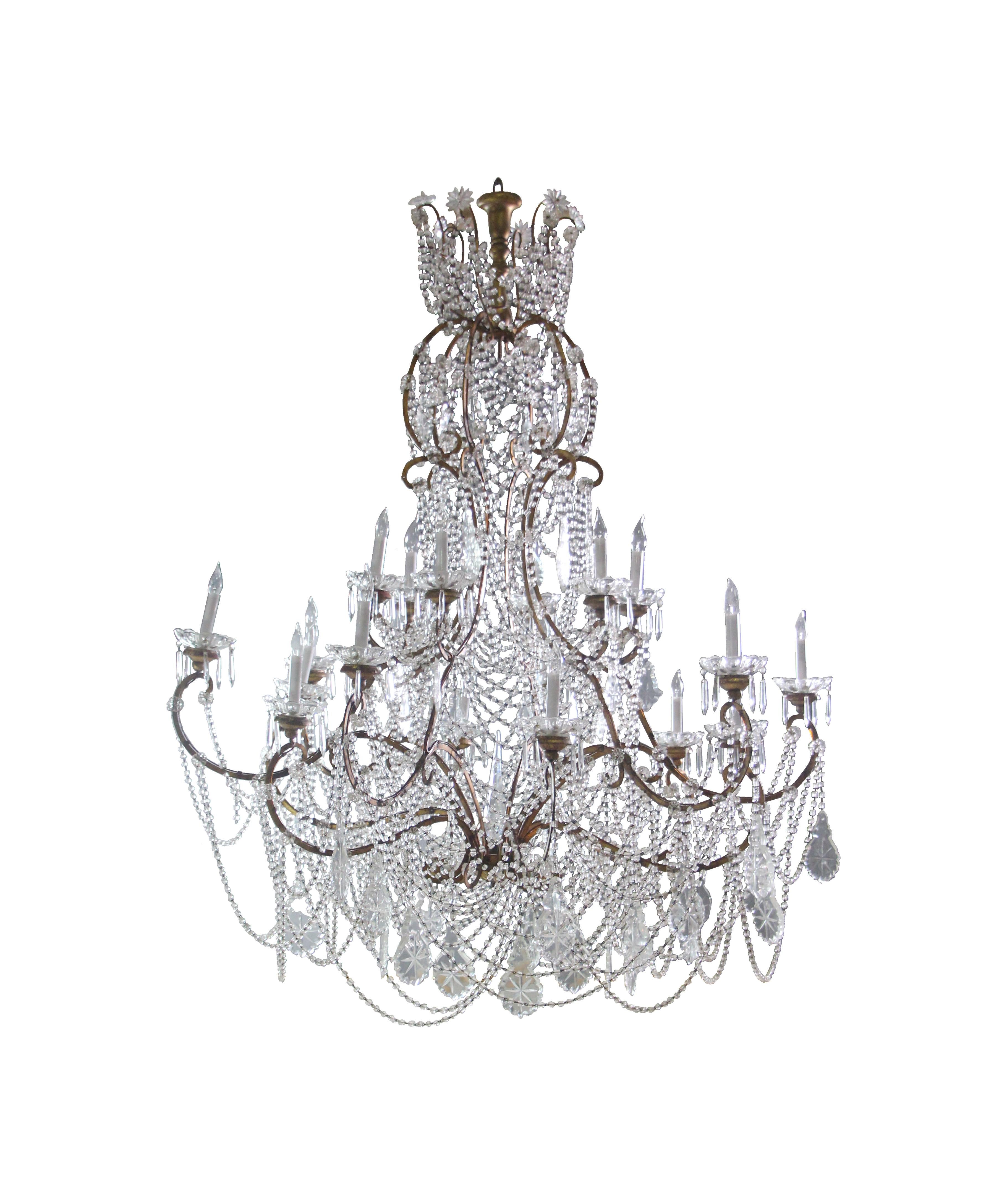 Stunning 1960's Italian crystal chandelier recovered from one of Brooklyn, New York's most prestigious ballroom and entertainment halls; The Grand Prospect Hall, formally located on Prospect Avenue. It has an elegant style with 18 lights