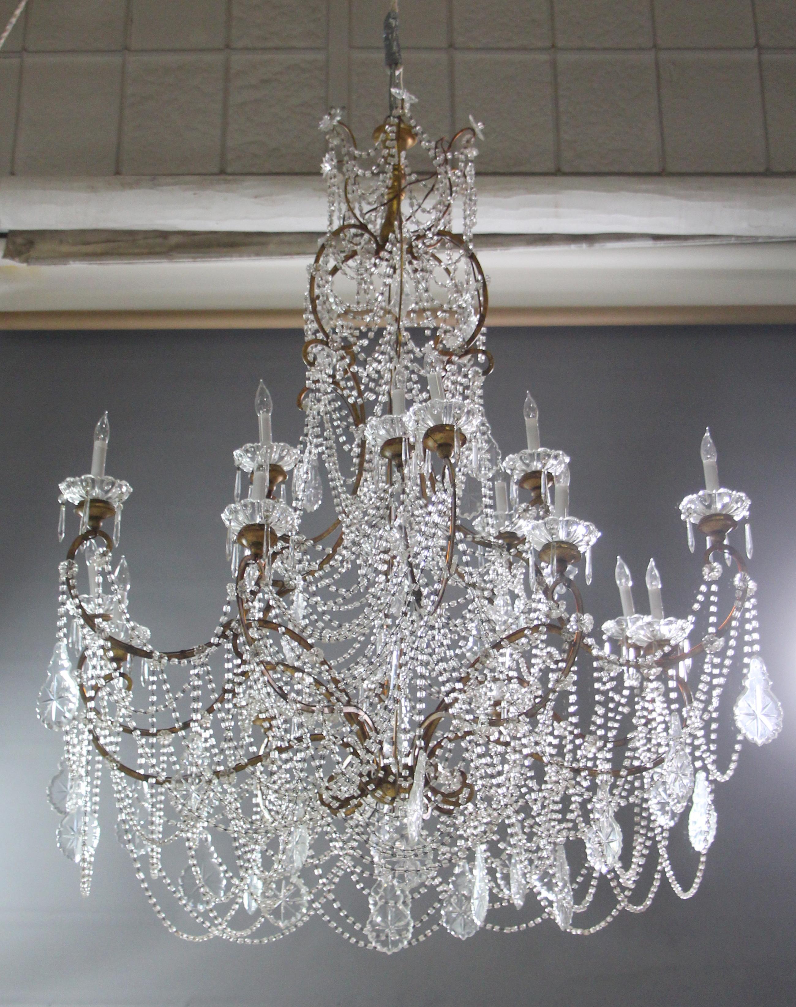 Gilt Unique Italian Wood Gilded Iron Beaded Crystal Chandelier w/ 18 Lights For Sale