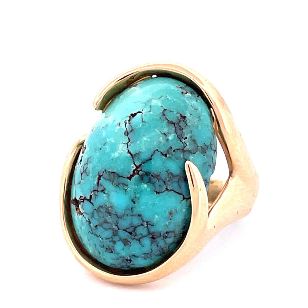 Retro Exquisite J. Frew 14k Yellow Gold Oval Turquoise Ring For Sale