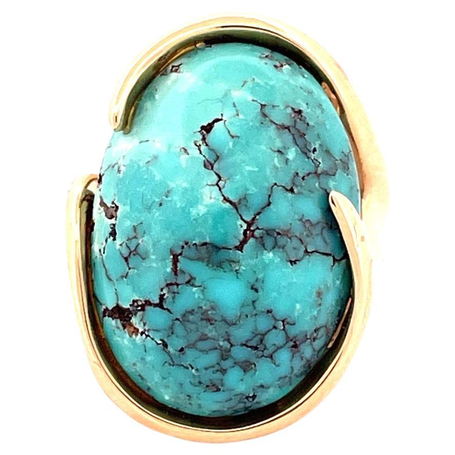 Exquisite J. Frew 14k Yellow Gold Oval Turquoise Ring For Sale