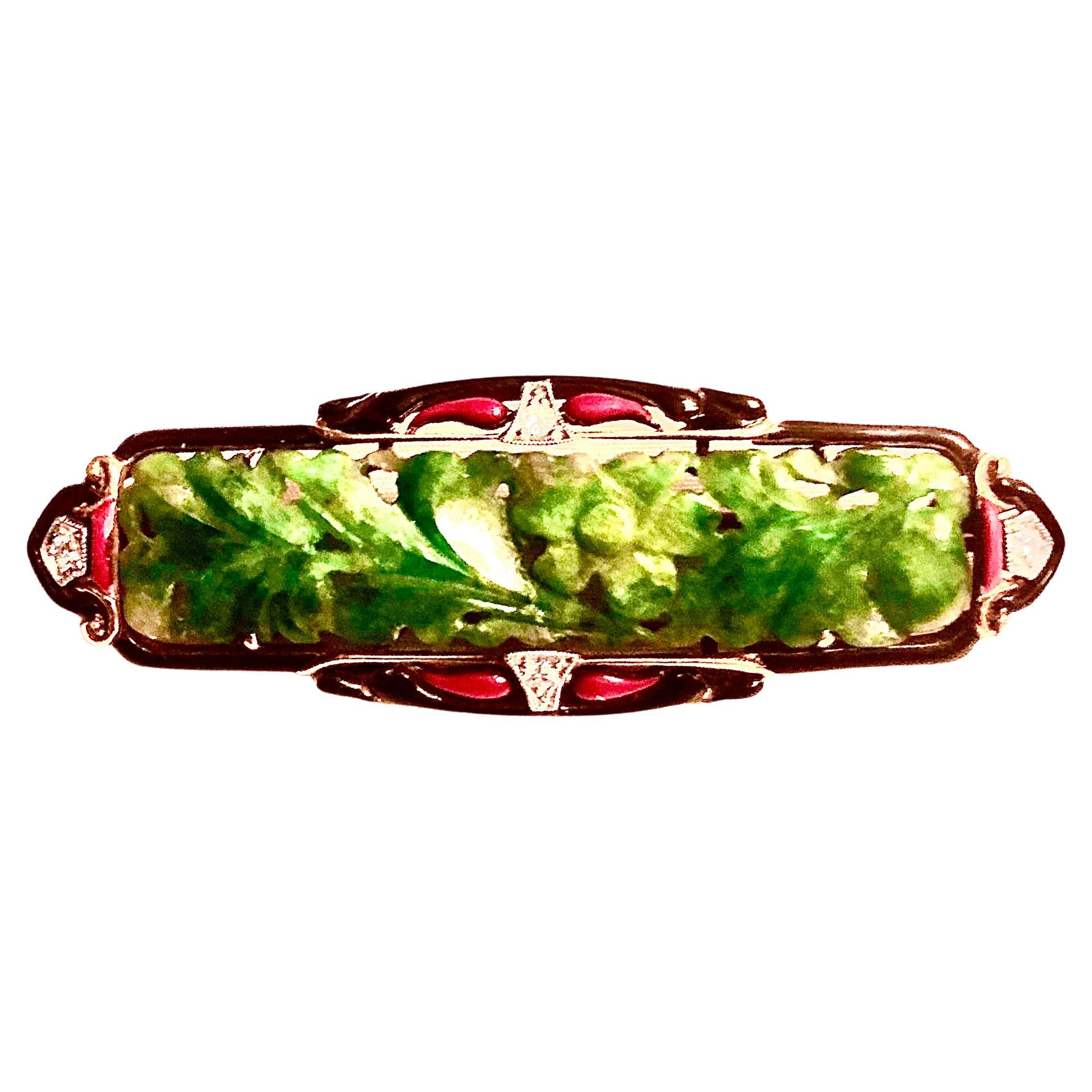 Squisita spilla di giada in smalto Art Deco