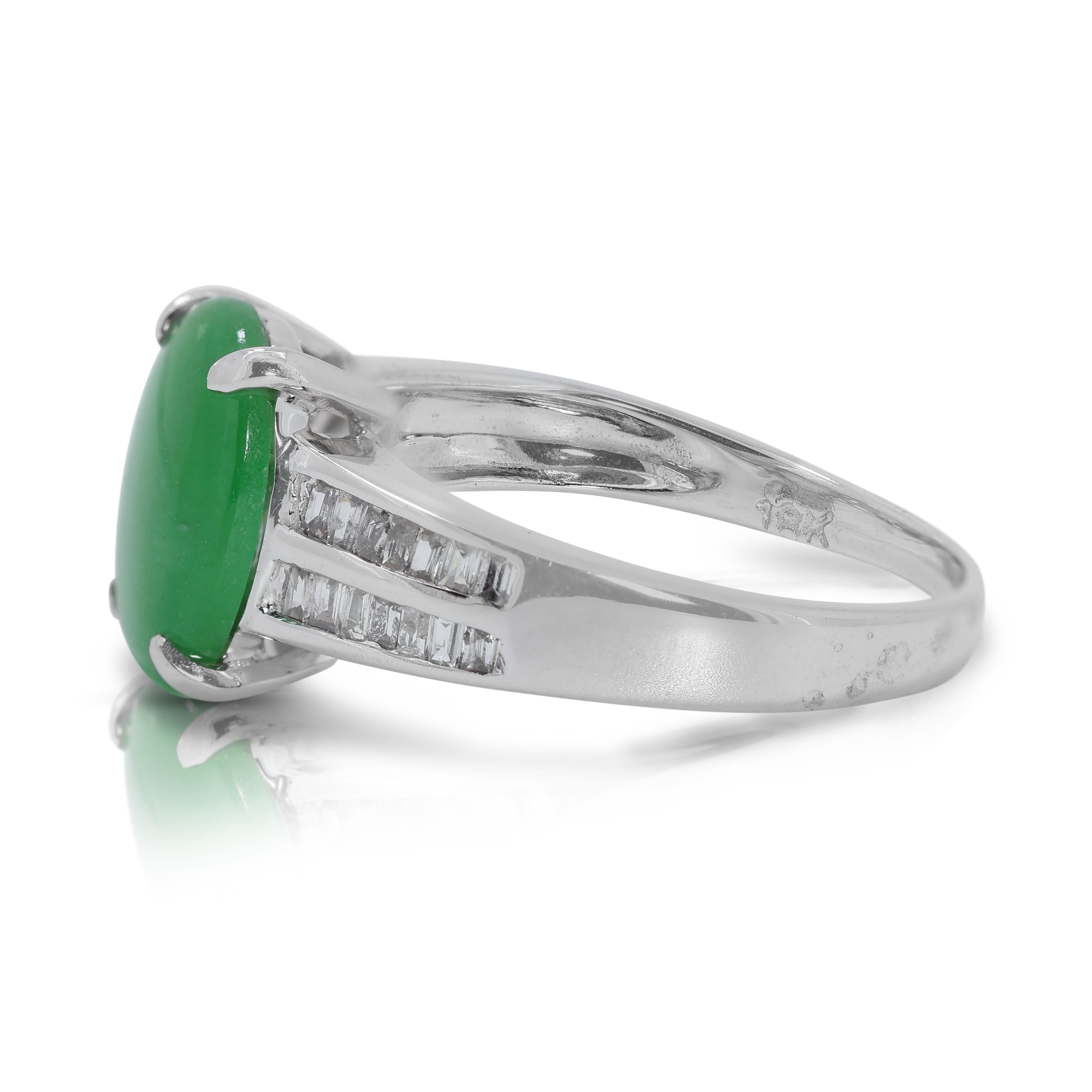 Oval Cut Exquisite Jade Ring with Natural Diamonds in 18K White Gold For Sale
