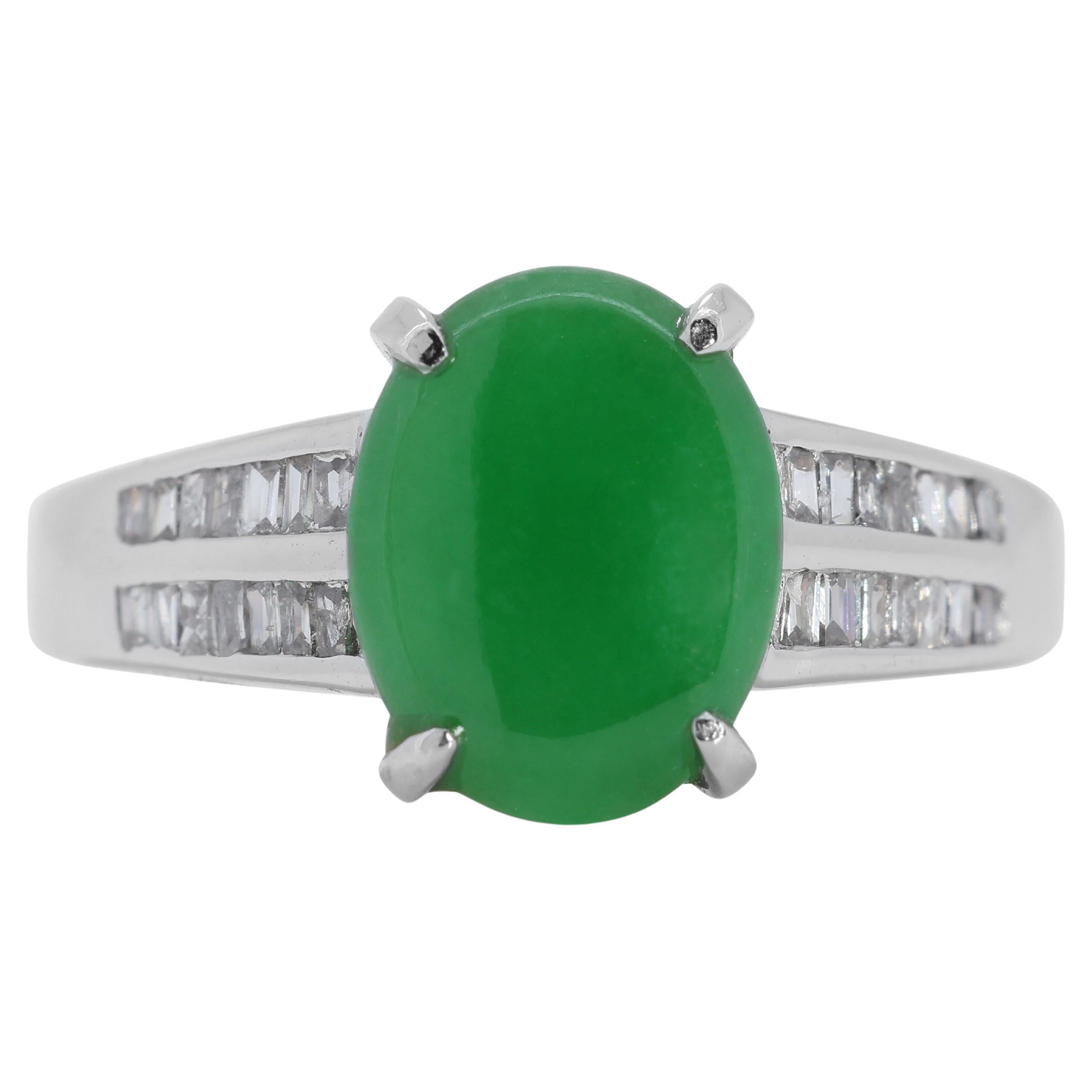 Exquisite Jade Ring with Natural Diamonds in 18K White Gold