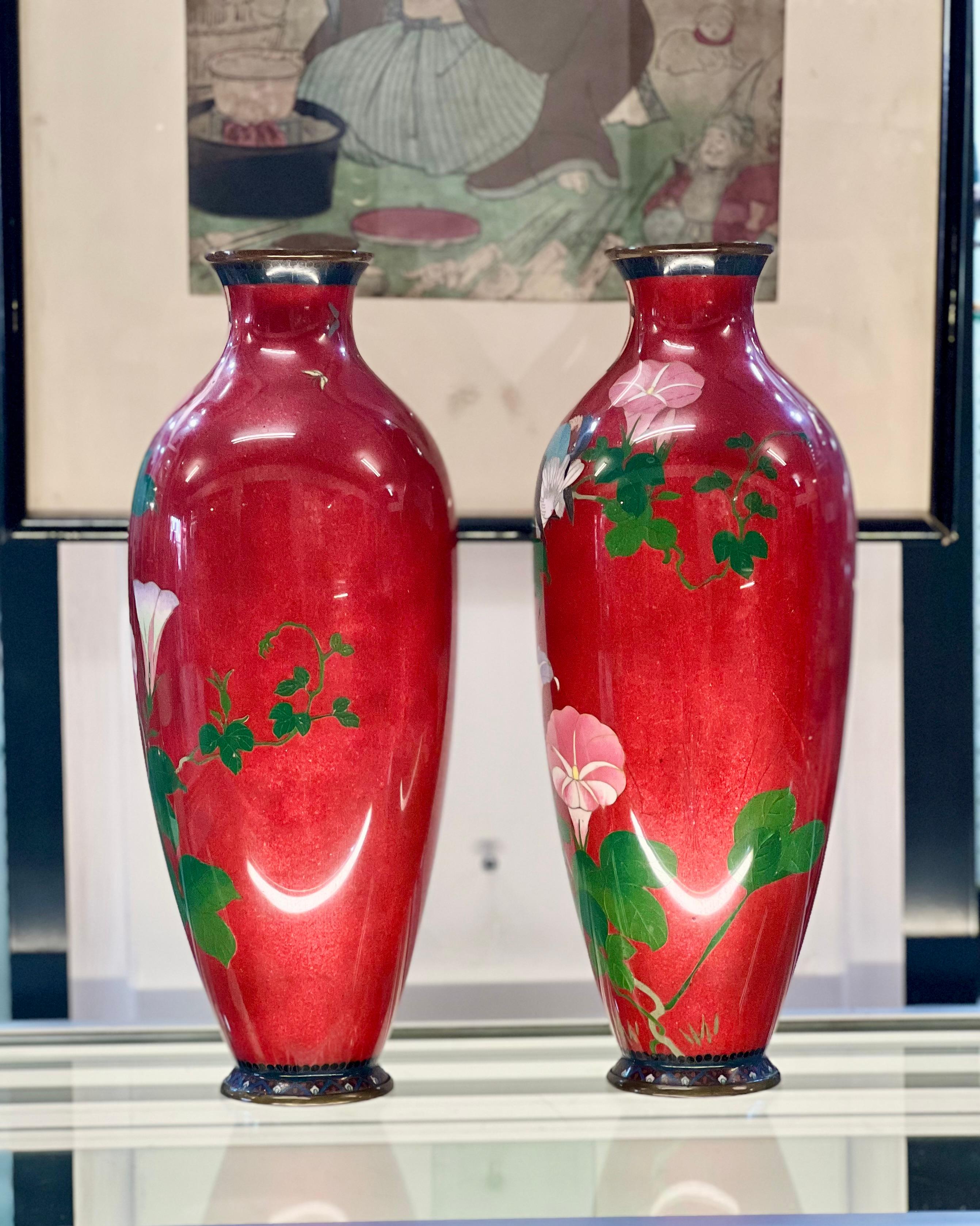 Exquisite Japanese Cloisonne Enamel Pair of Tall Vases.Meiji period   For Sale 8