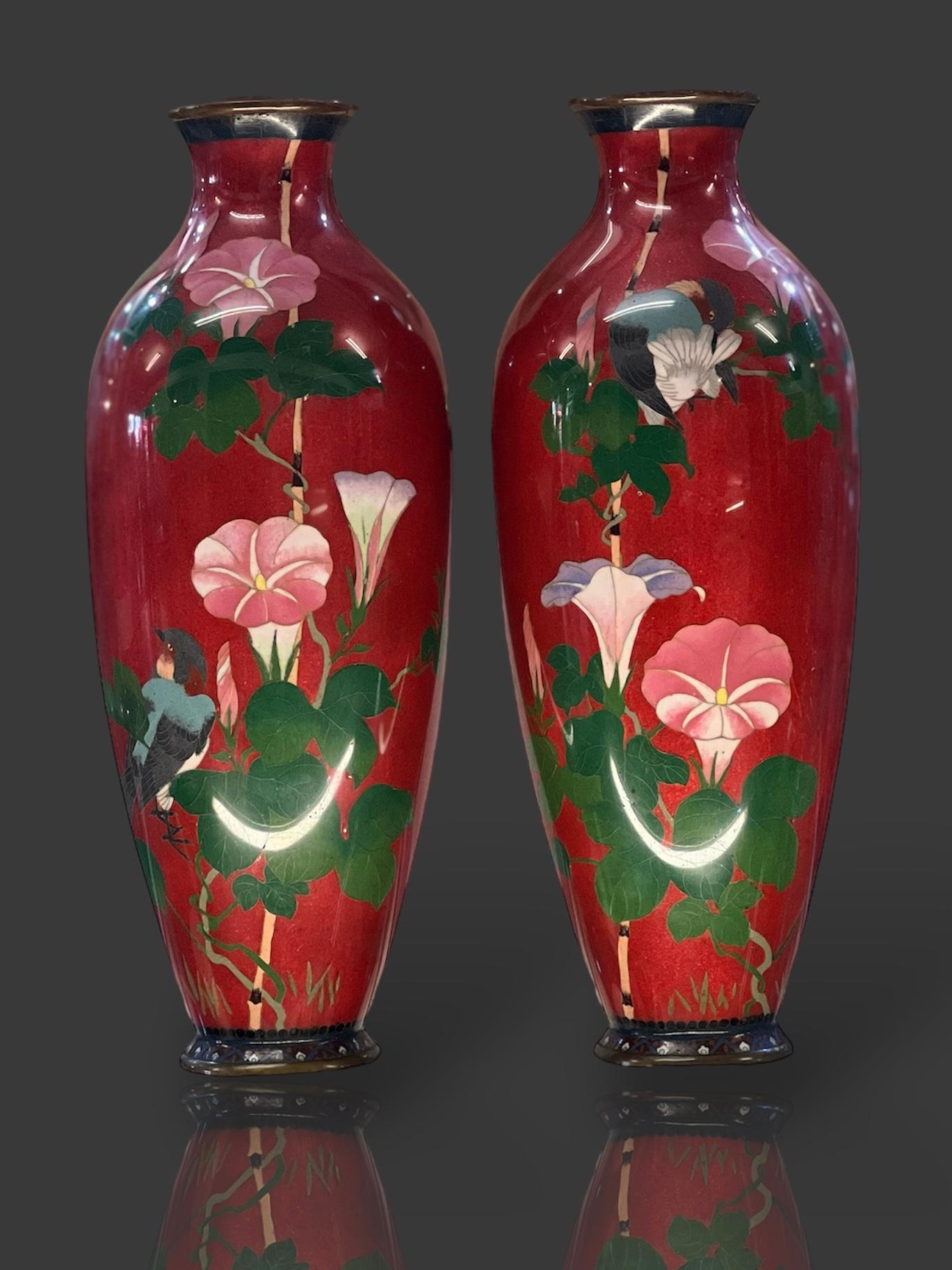 Cloissoné Exquisite Japanese Cloisonne Enamel Pair of Tall Vases.Meiji period   For Sale